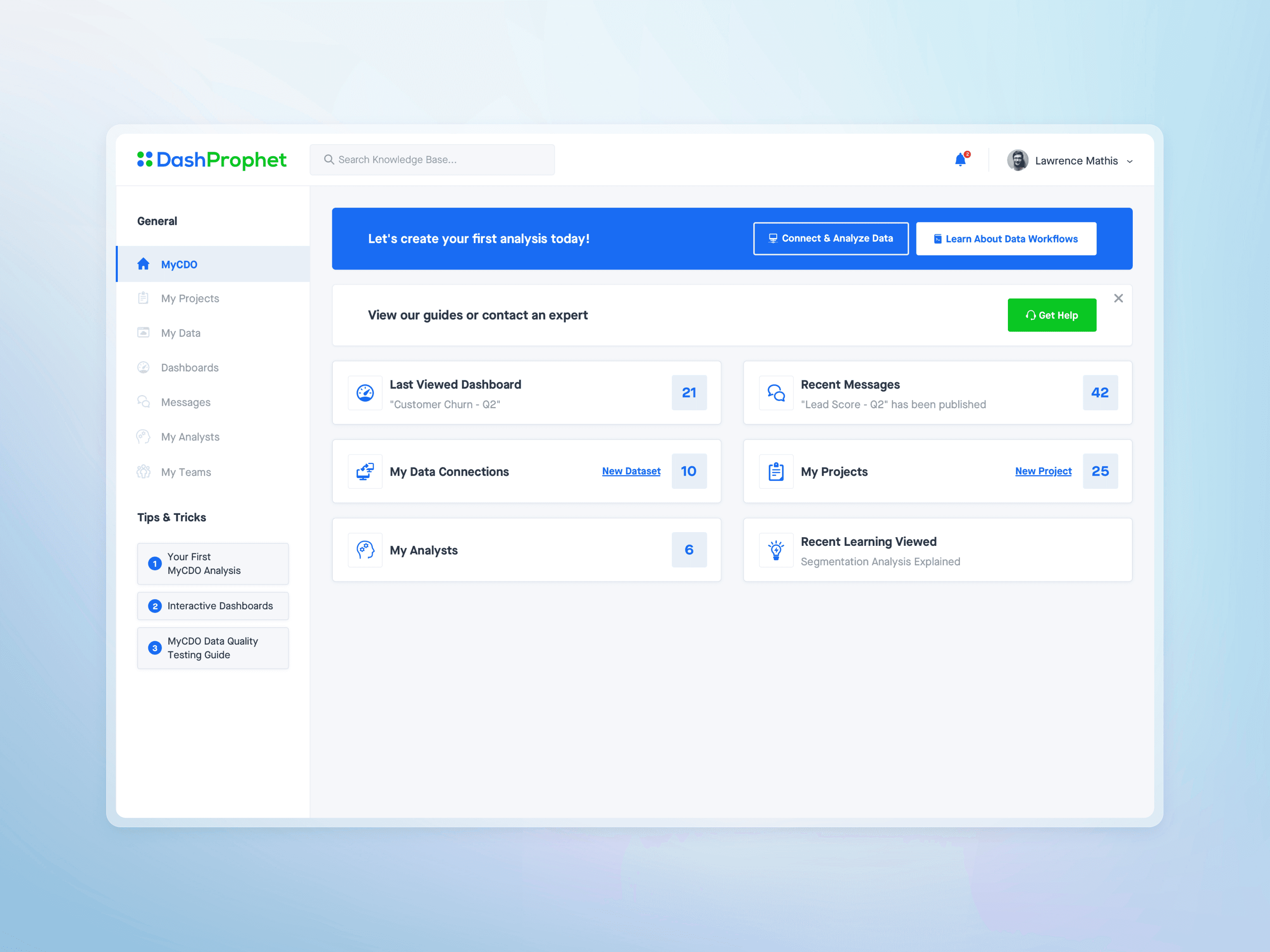 Landing page presenting dashboard of a product