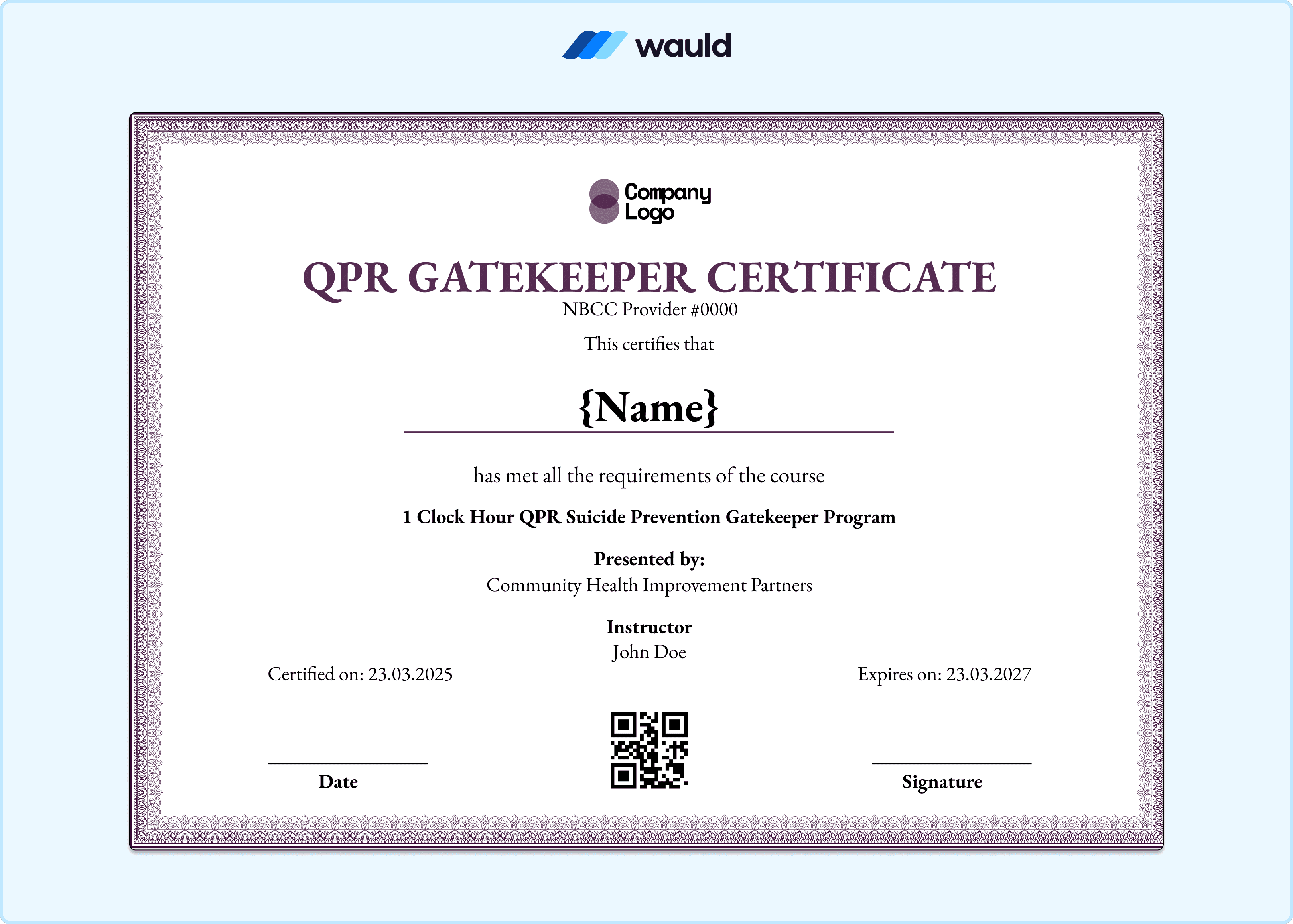Soft purple and white QPR Gatekeeper Suicide Prevention certificate template with symmetrical layout, recipient name field, instructor details, certified date, expiry date, NBCC Provider number, QR code, and signature line