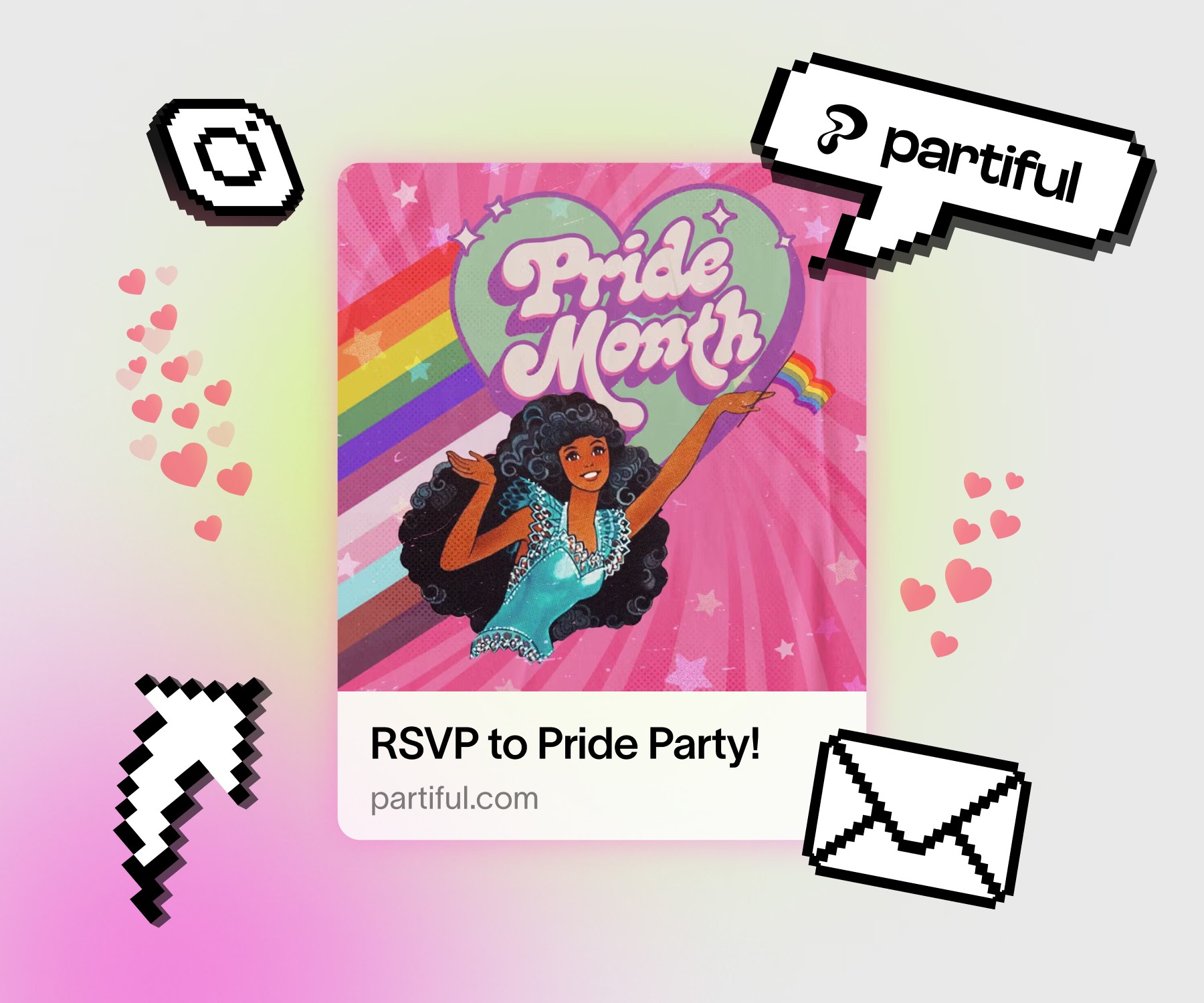 Party planning app feature showing a whimsical dove delivering an RSVP invitation link to simplify guest coordination.