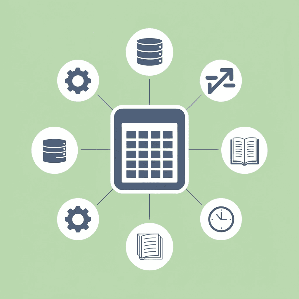Central spreadsheet icon connected to four AI automation tools, showing integrated workflow concept