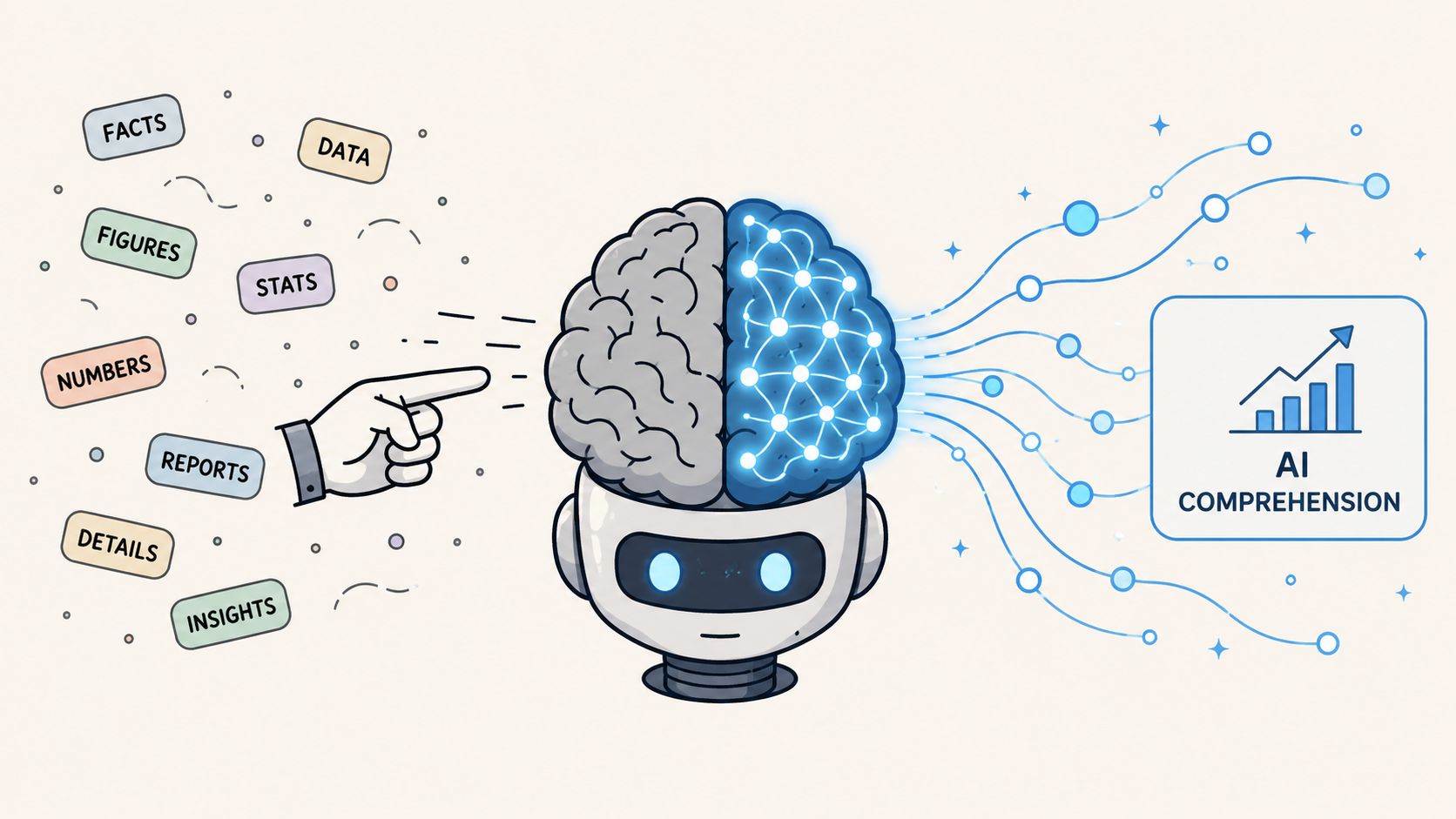 A robot head processing data points like facts and stats into an AI comprehension graph and analysis.