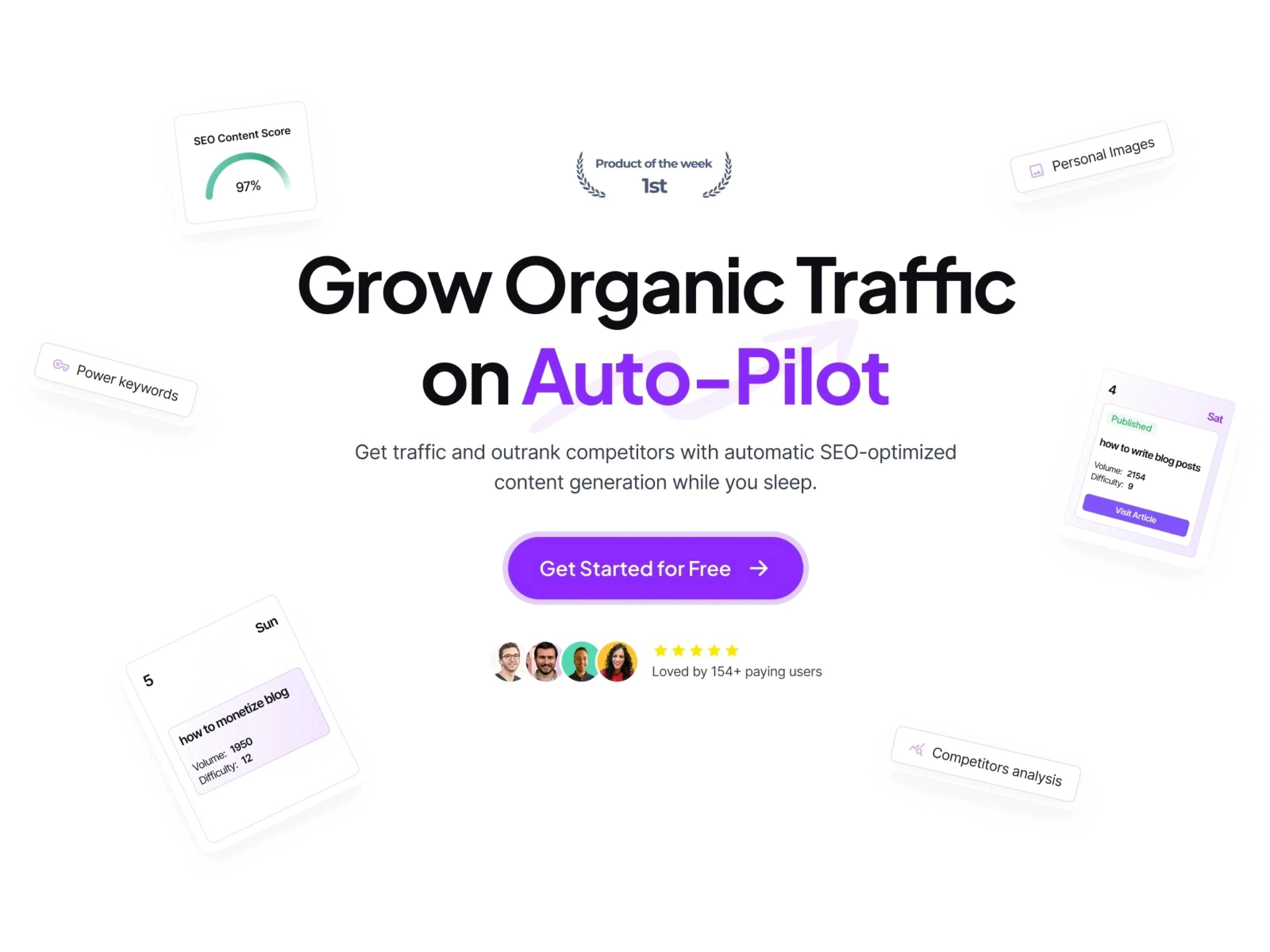 This is an Outrank Status Start graphic featuring the phrase 'Grow Organic Traffic on Auto-Pilot,' an SEO analysis card, and a purple button on a white background.
