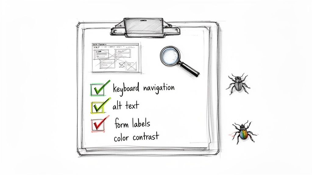 A clipboard with an accessibility checklist, a wireframe, a magnifying glass, and two bug icons.
