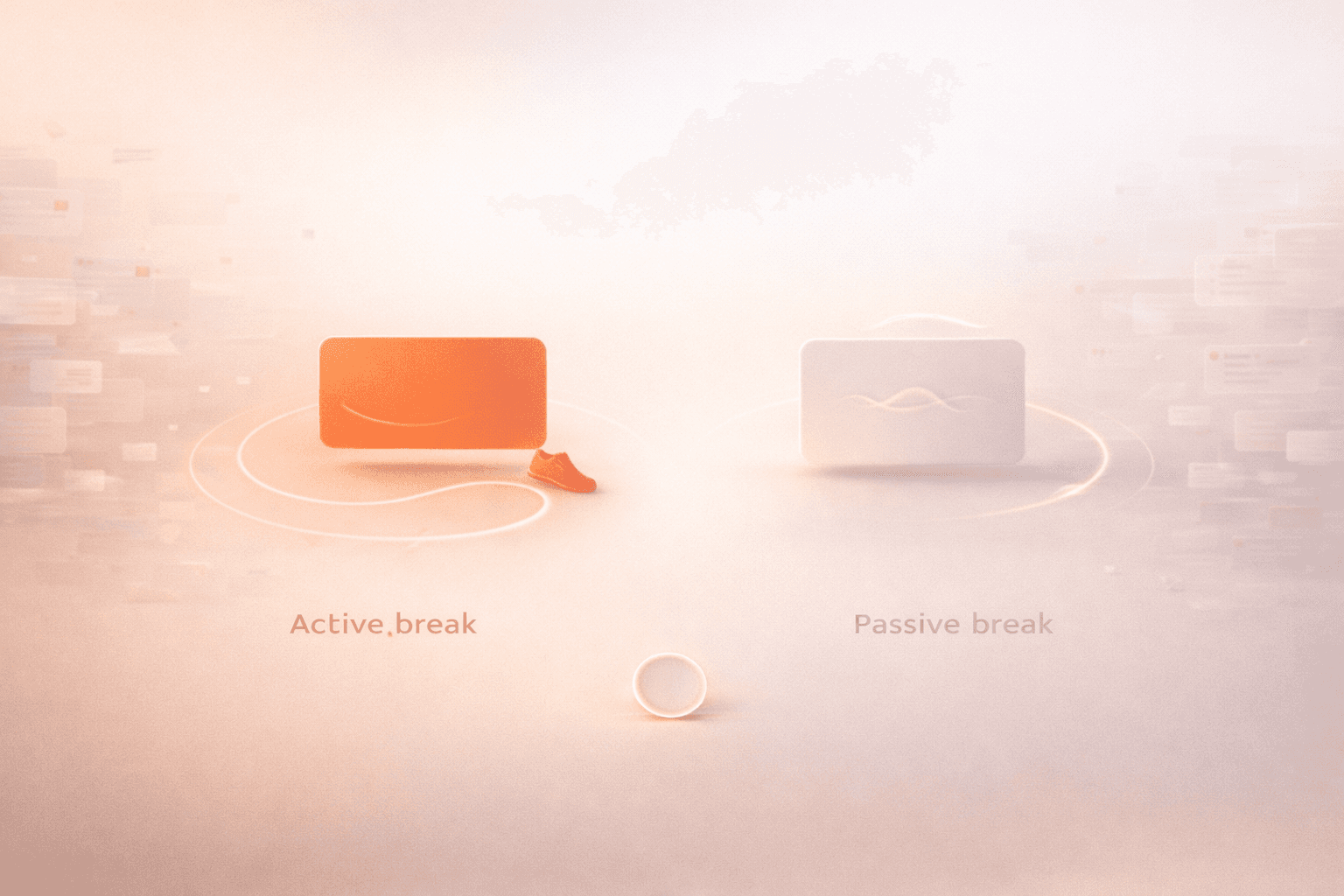 Minimalistische 3D-Illustration auf warmem cremebeigem Hintergrund mit zwei Bereichen: links eine korallorangene Karte mit geschwungener Bewegungsbahn und Schuhsymbol für aktive Pause, rechts eine dezente graubeige Karte mit Atemwelle für passive Erholung, in der Mitte ein kleiner Timer-Ring als Symbol für zeitlich begrenzte Pausen.