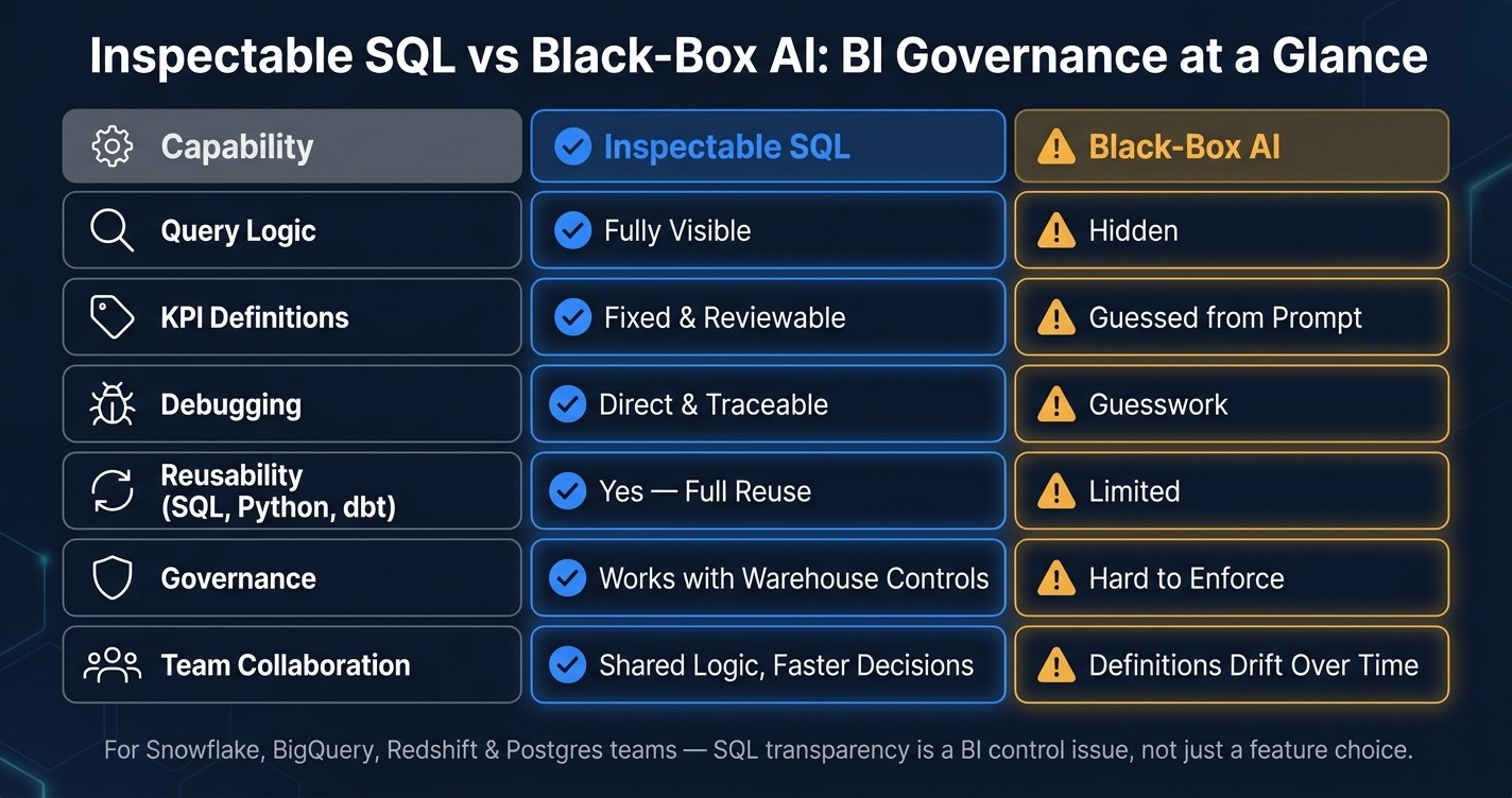 Inspectable SQL vs Black-Box AI: BI Governance at a Glance