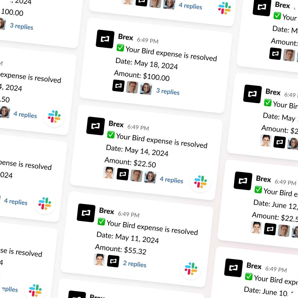 Notification feed showing resolved Bird expenses with transaction details such as date, amount, and replies, integrated with Brex and Slack.