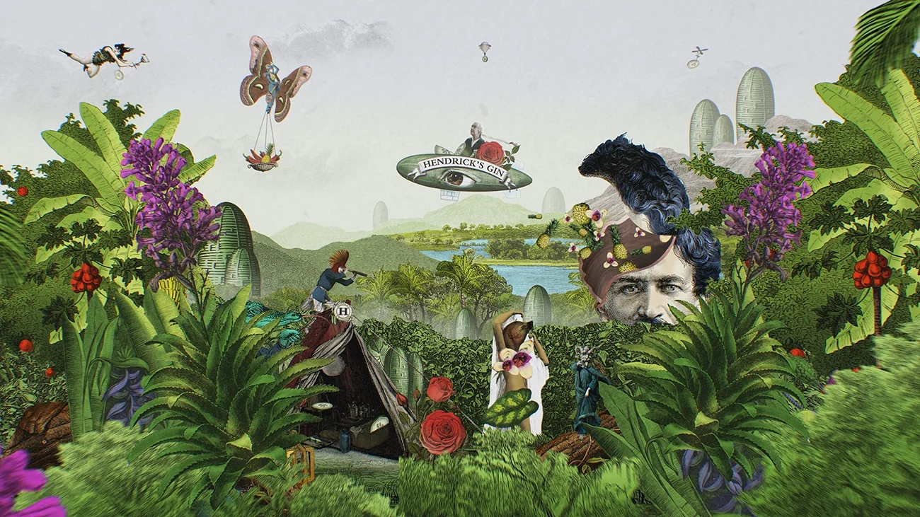 Surreal jungle scene with a Hendrick's Gin blimp flying in the sky