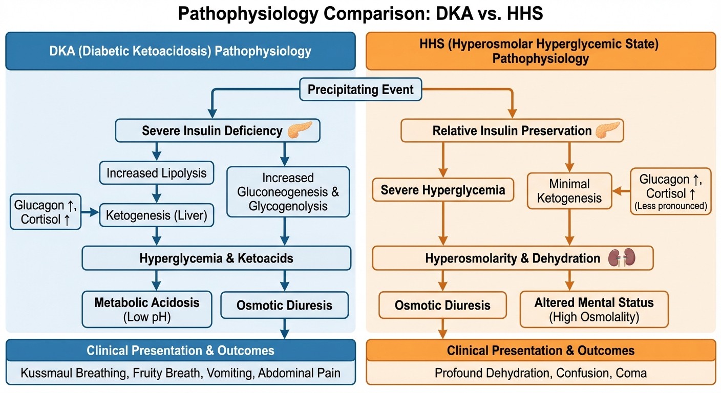 DKA vs HHS pathophysiology flowchart diagram