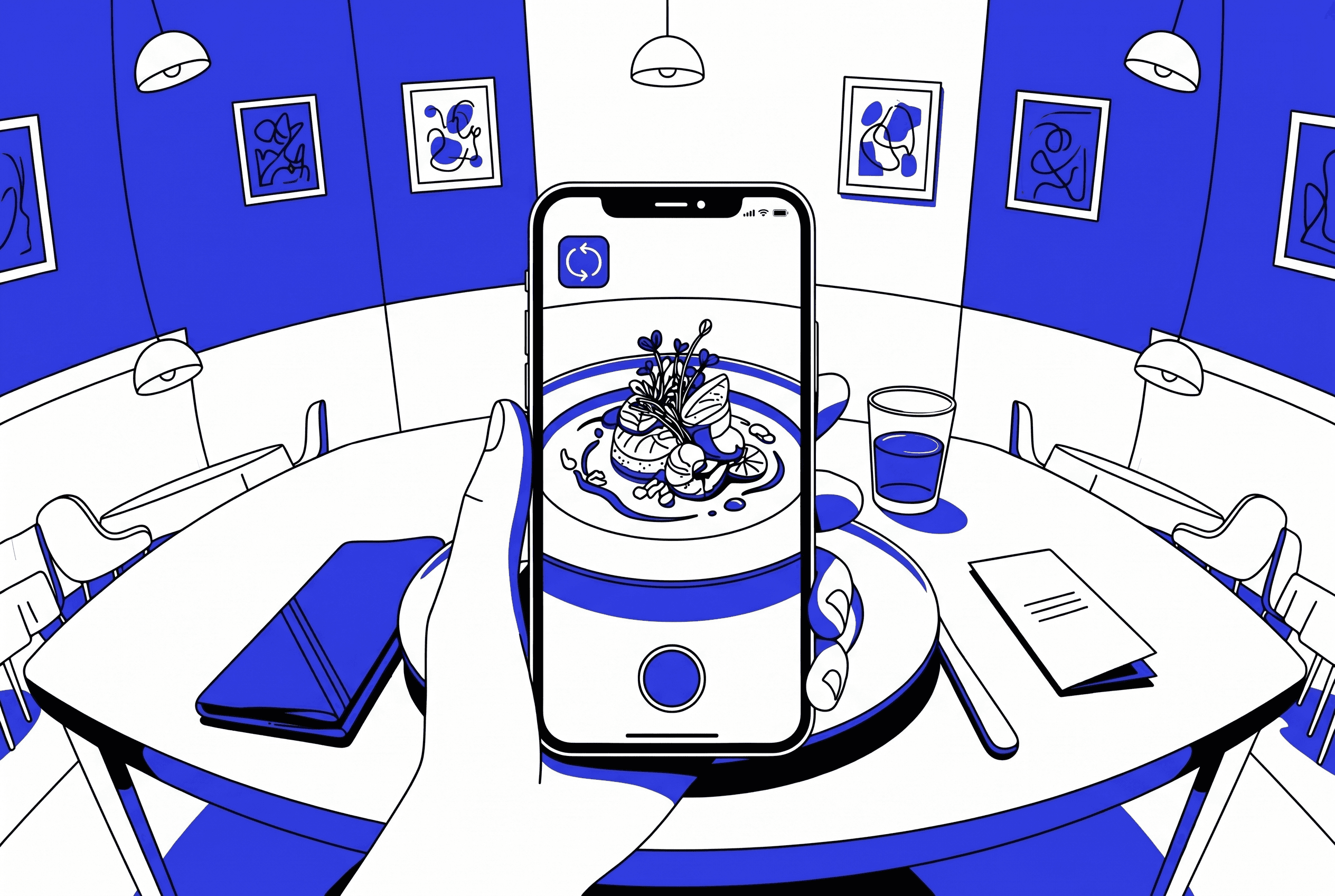 A customer photographs a plated dish at a Saudi and UAE restaurant table, capturing food content on a smartphone for social media and reviews.
