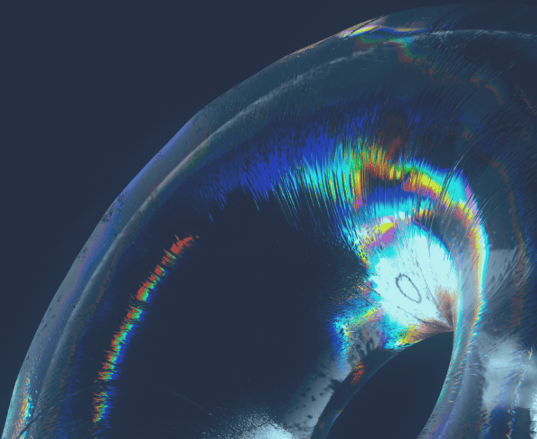 A vibrant, abstract design featuring a metallic, iridescent torus against a deep blue background, showcasing a spectrum of colors and reflections.