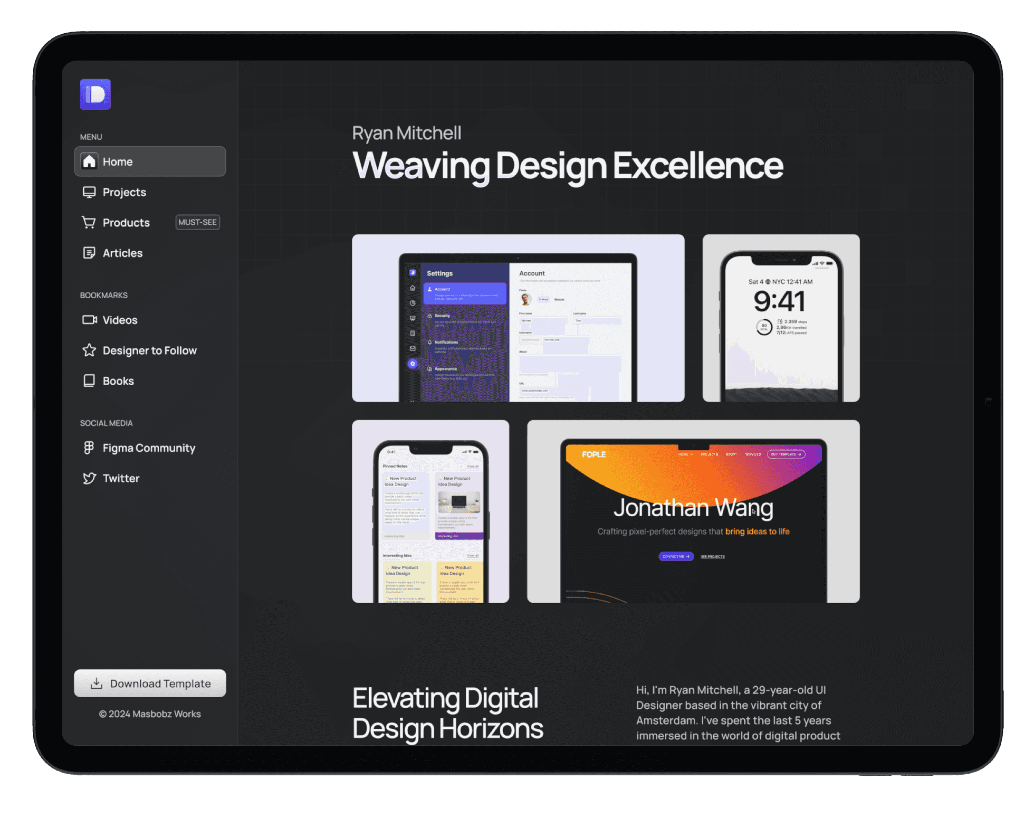 Preview of the Dashbar Framer template displayed on an iPad