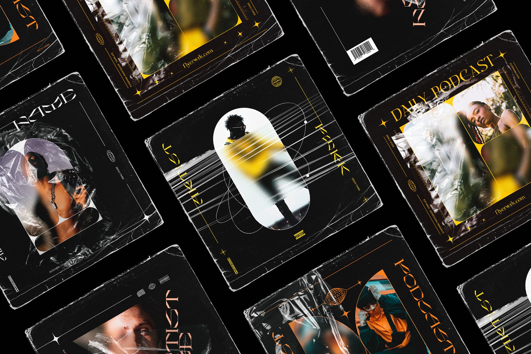 Display of five premium album cover design templates with plastic wrap textures and dark artistic aesthetics
