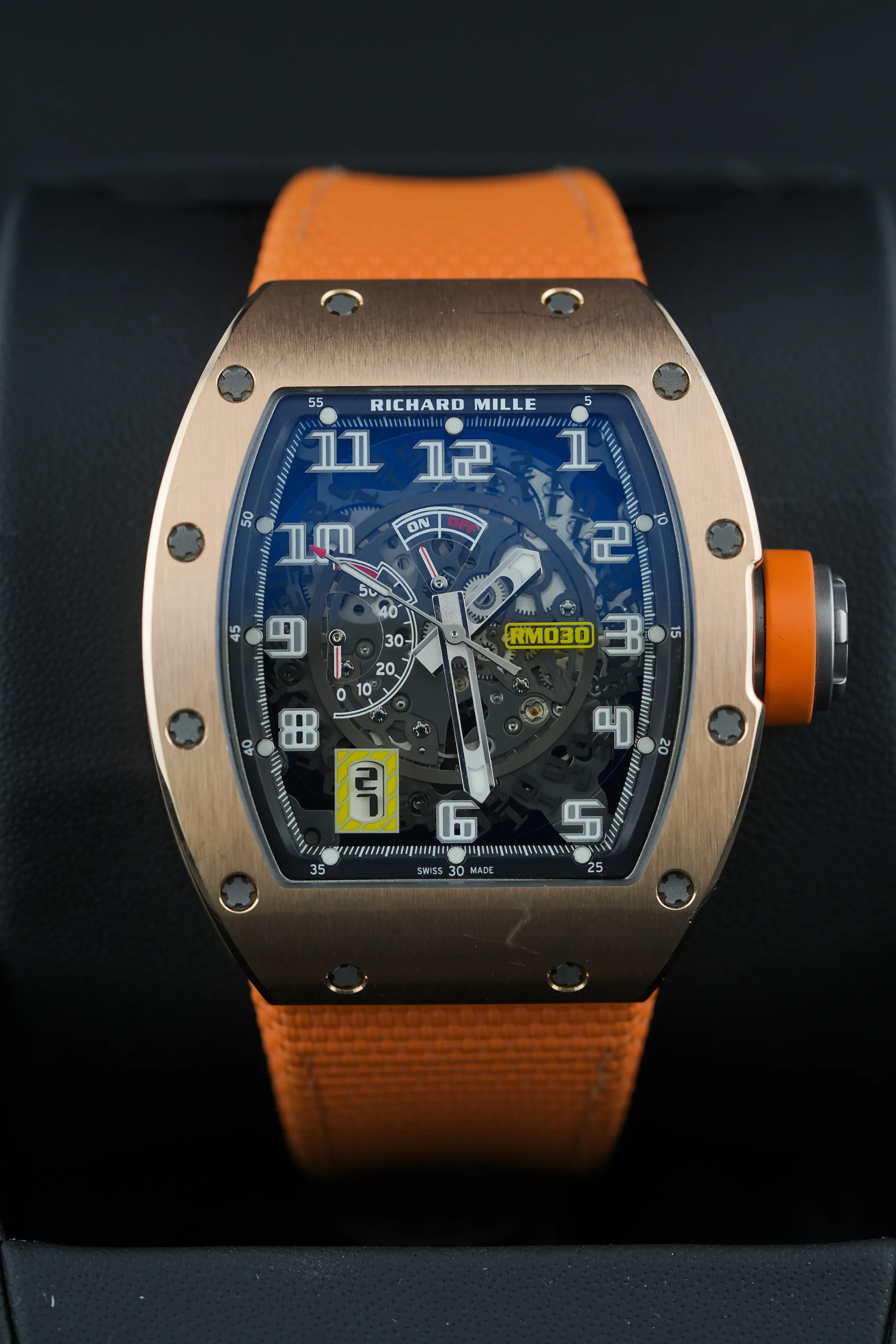 Richard Mille RM 030 RG/TI Rose Gold & Titanium front view with the rubber strap