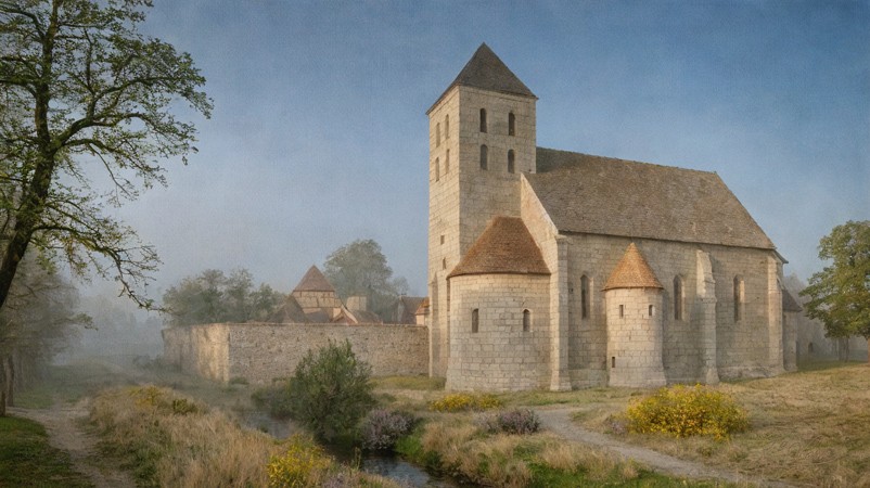 Sacred artwork by Faith and Verse. © Faith and Verse, 2025. All rights reserved. A Romanesque church stands in the morning mist near Augsburg—stone witness to the diocese Saint Ulrich defended and served for fifty years.