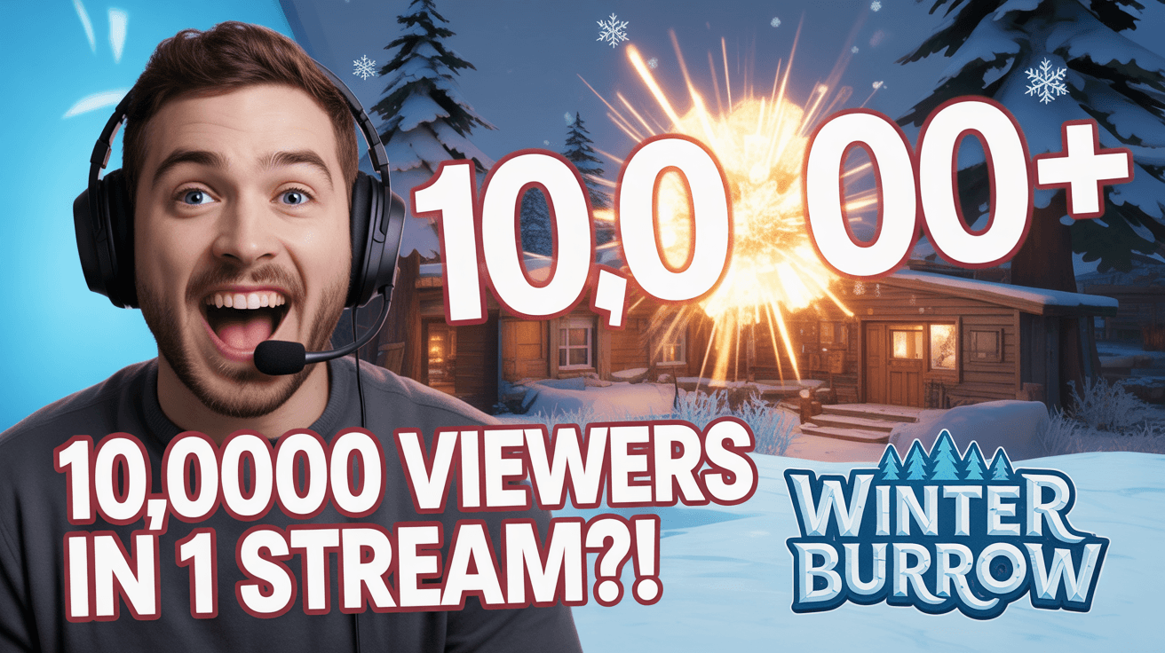 Excited streamer beside glowing 10000 viewers counter with snowy game background and bold text