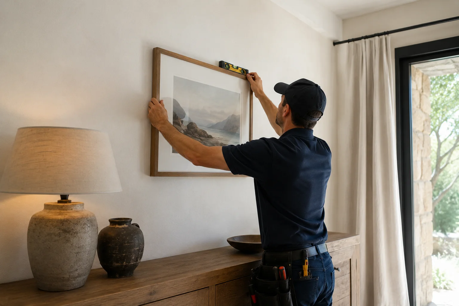 Technicien vérifiant au niveau un cadre fixé au mur