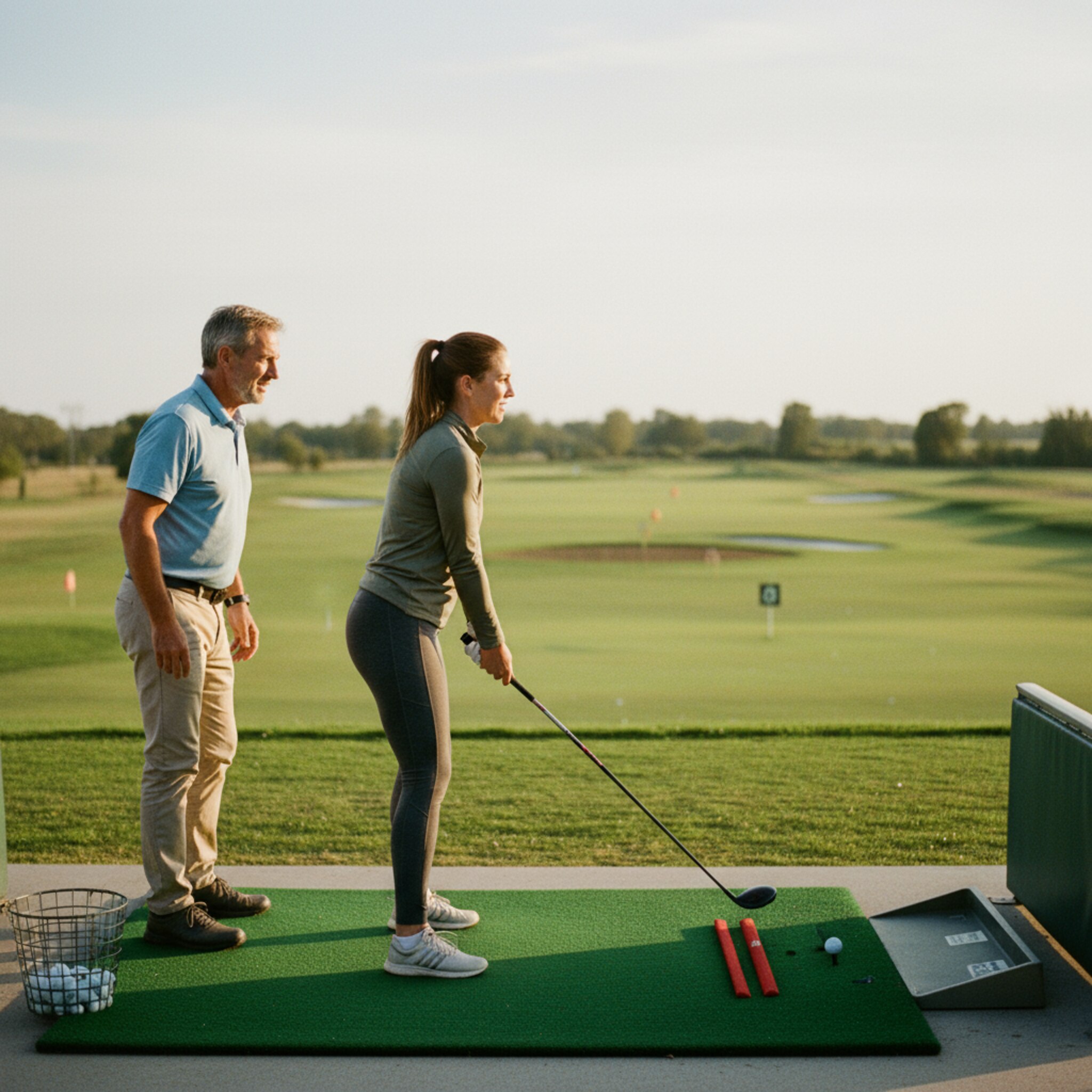 Ein Coach richtet den Griff eines Spielers, beide blicken dem Ballflug hinterher. Zwei Alignment-Sticks liegen auf der Matte, daneben ein halb gefüllter Ballkorb. Leichte Brise bewegt die Fahnen im Hintergrund. Die Szene wirkt fokussiert, ruhig und professionell.