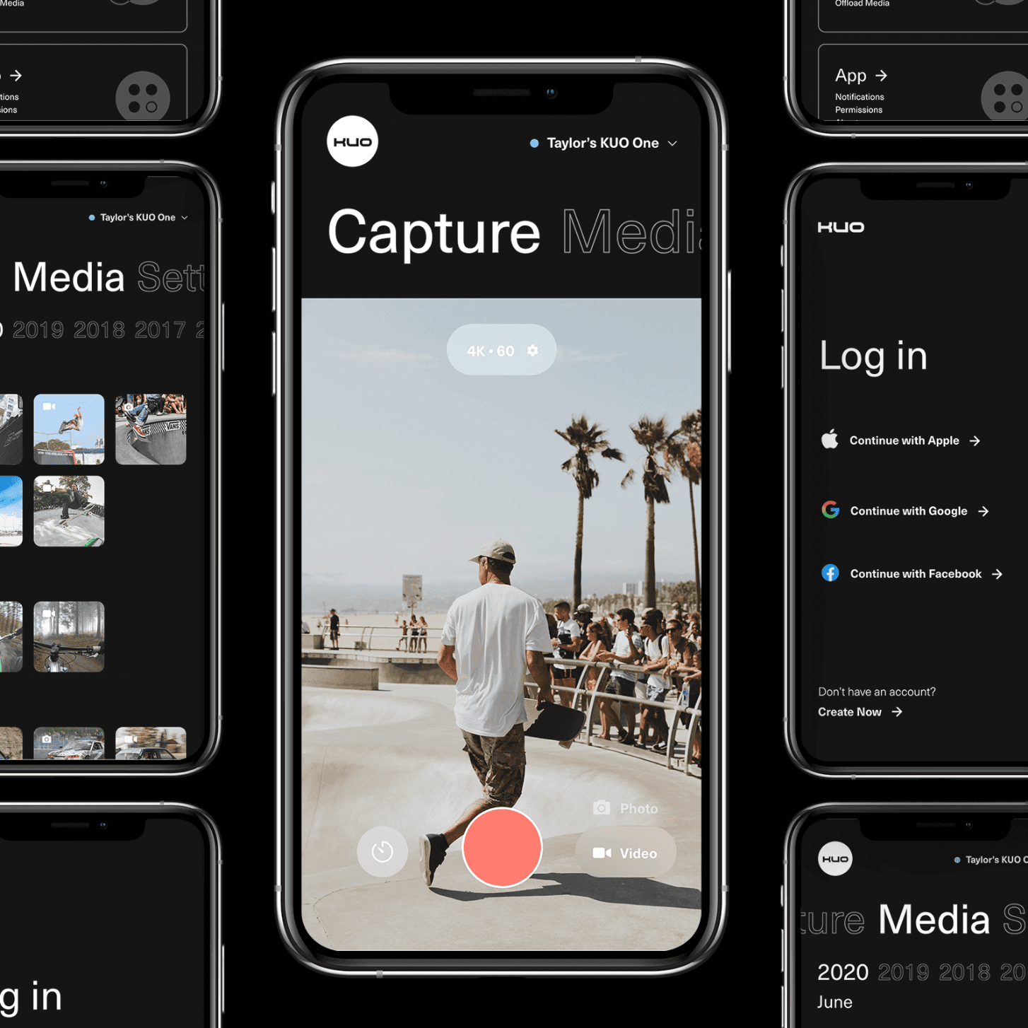 A mobile app interface shown across several smartphones, featuring a media library, login screen, and photo capture experience.