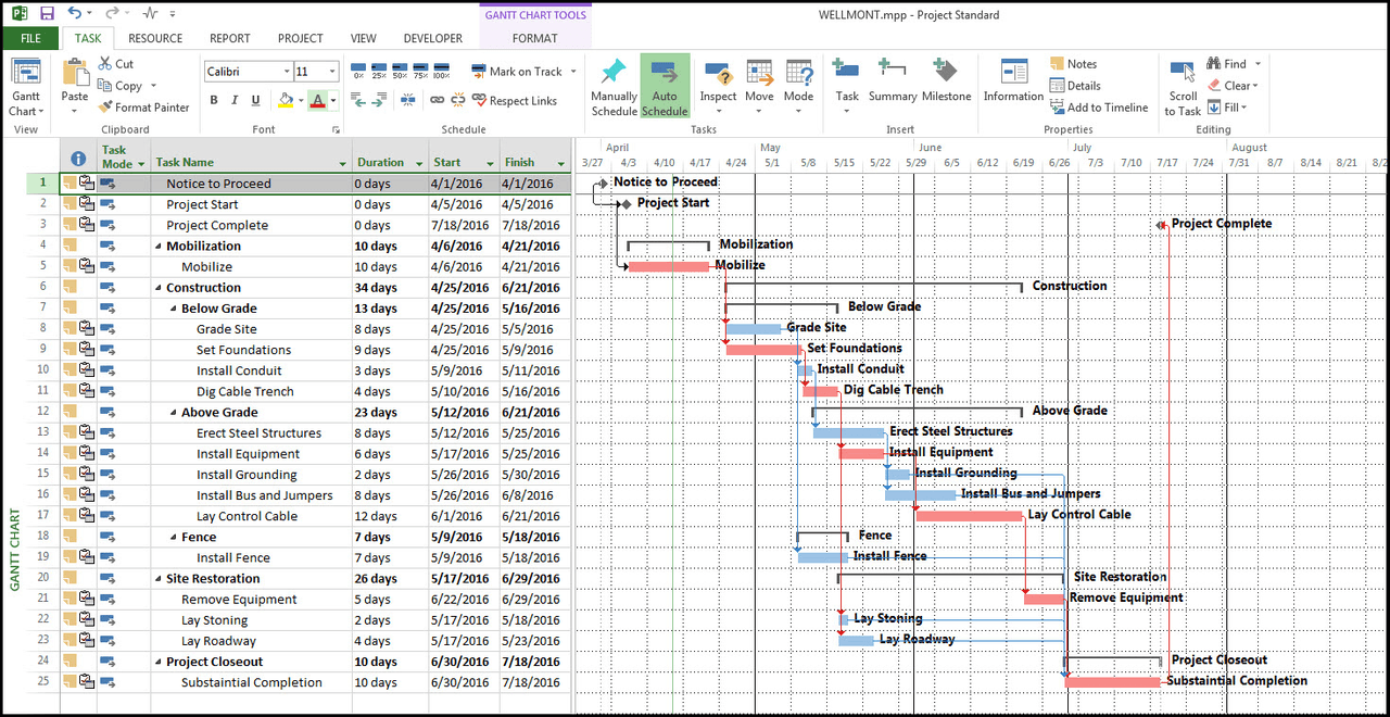 Microsoft Project Gantt chart with detailed rows and timelines.