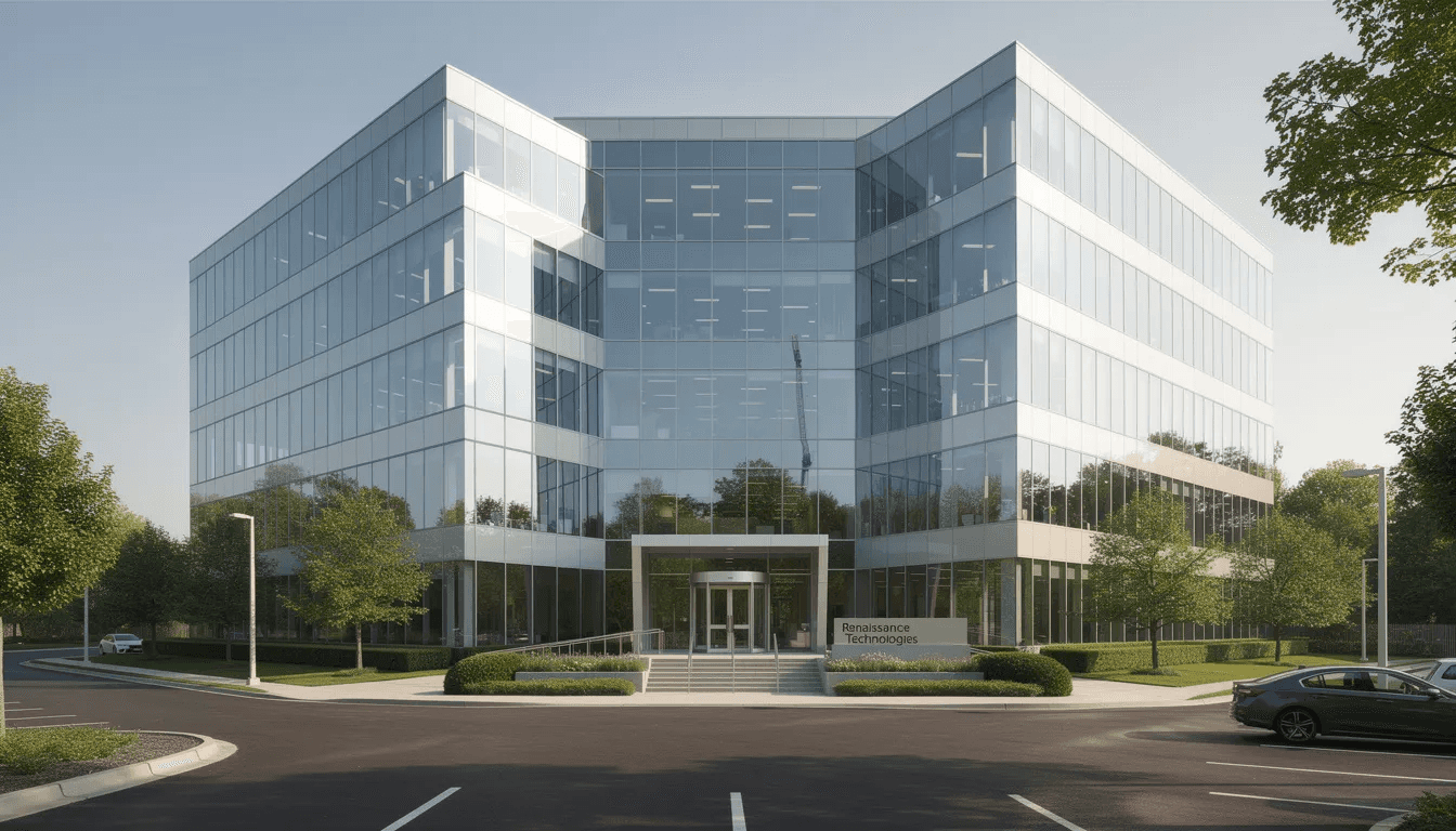 The image depicts a modern office building that serves as the headquarters for Renaissance Technologies, a leading hedge fund in the financial markets. The sleek architecture reflects the company's innovative approach to quantitative trading and investment strategies, associated with legendary figures like Jim Simons and Robert Mercer.