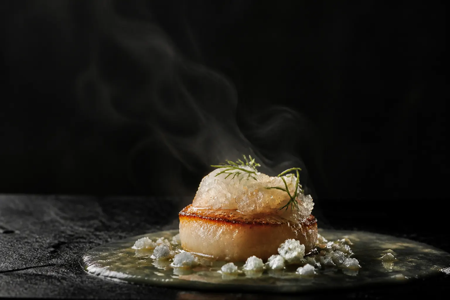 A seared scallop plated with herbs