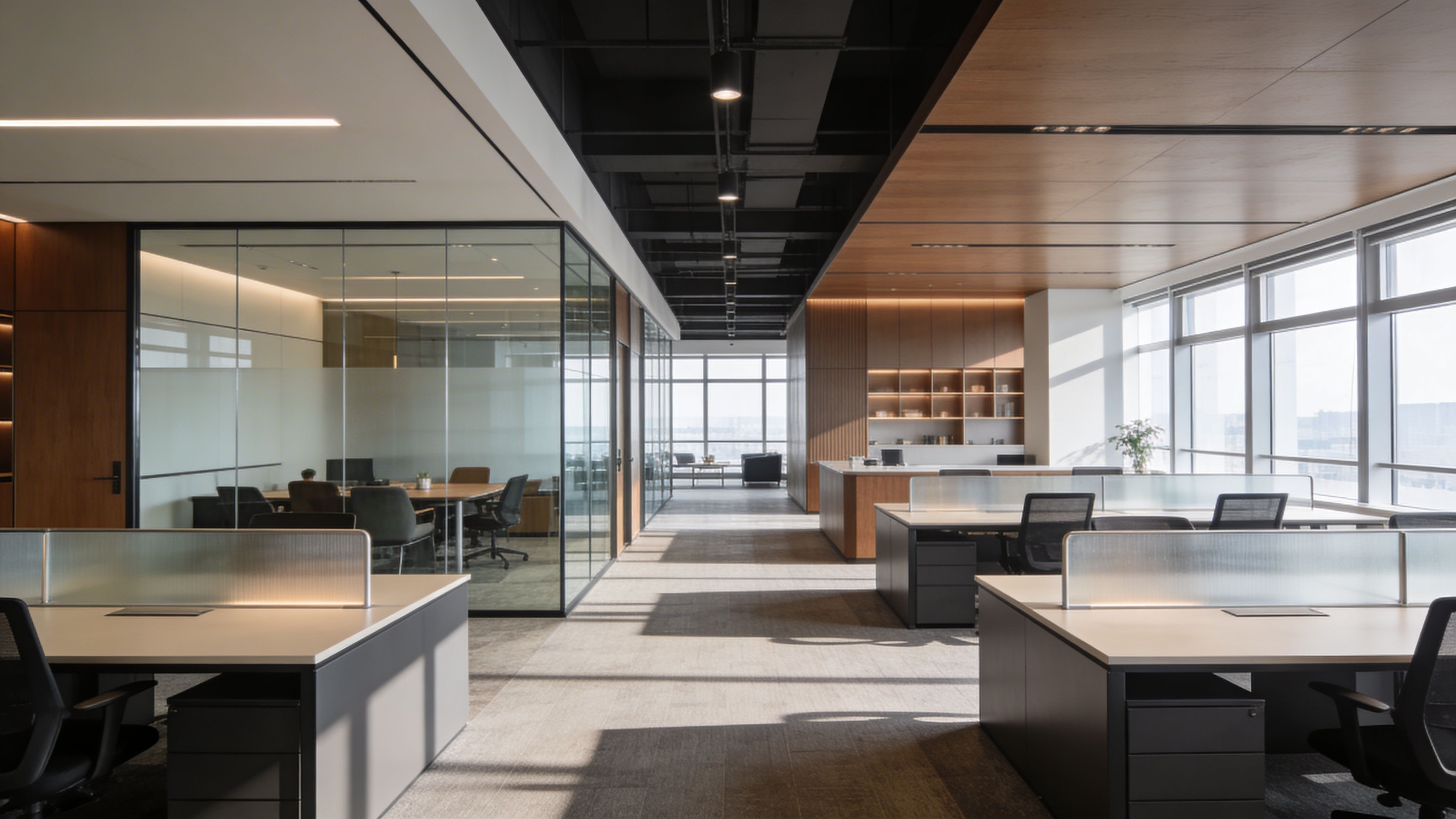 Contemporary office workspace with glass meeting rooms, workstations, and warm wood accents in a corporate environment