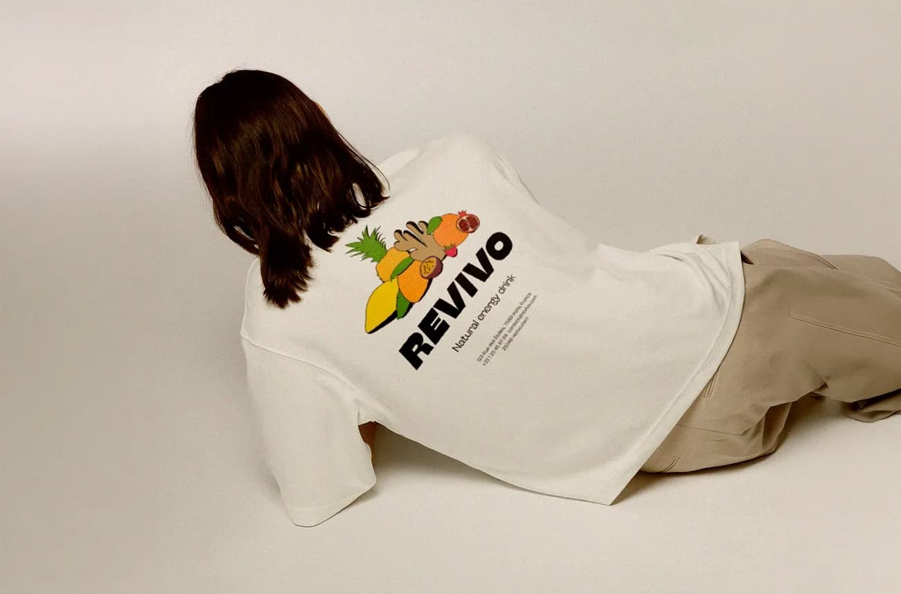 projet Revivo packaging branding canette boisson énergisante print t-shirt