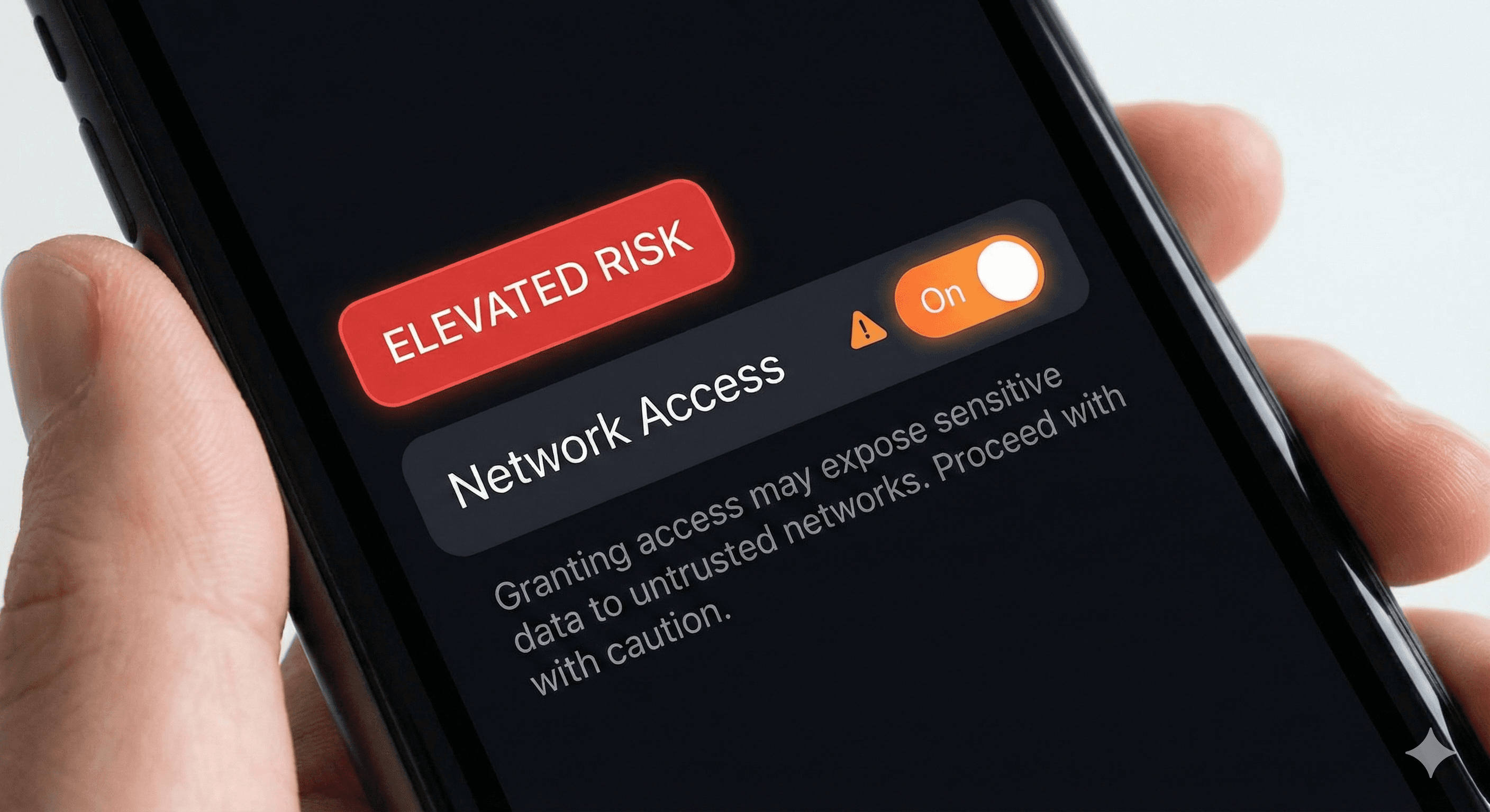 A person holds a smartphone displaying a warning interface, highlighting "Elevated Risk" and a switched-on toggle for "Network Access," emphasizing the concept of "ChatGPT Lockdown Mode: Reduce Prompt Injection Risk."