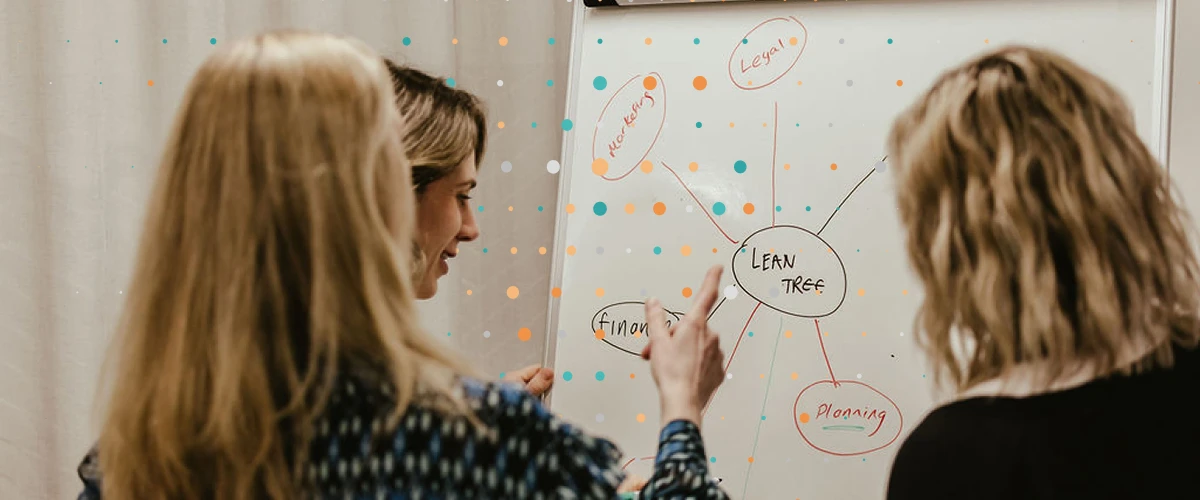 Operations team gathering round a whiteboard to discuss steps using a mindmap