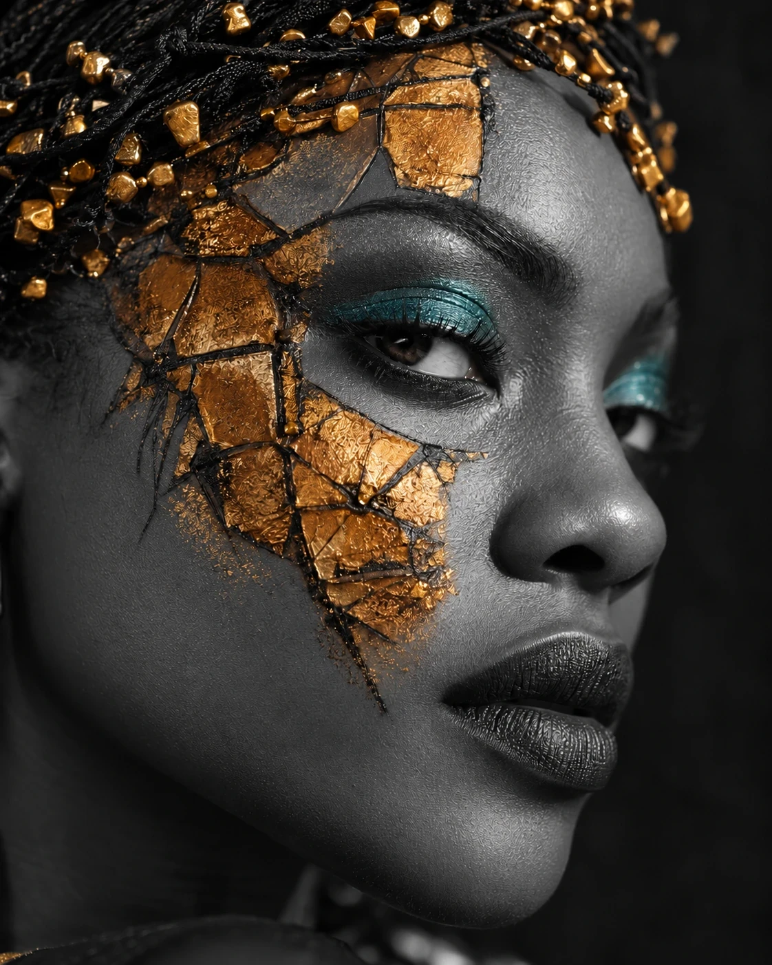 Close-up portrait with gold mosaic makeup, teal eyelids and beaded braids