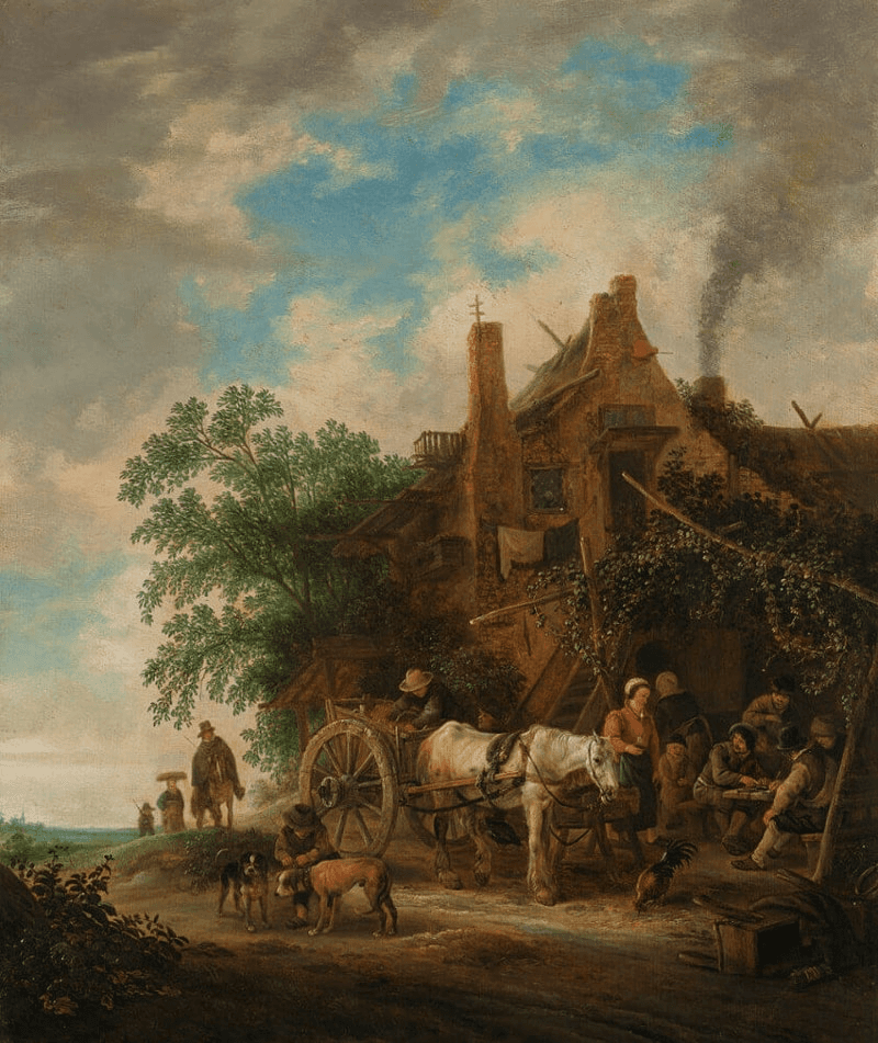 A rural scene with a thatched-roof building, horses, and figures in a landscape under a cloudy sky.