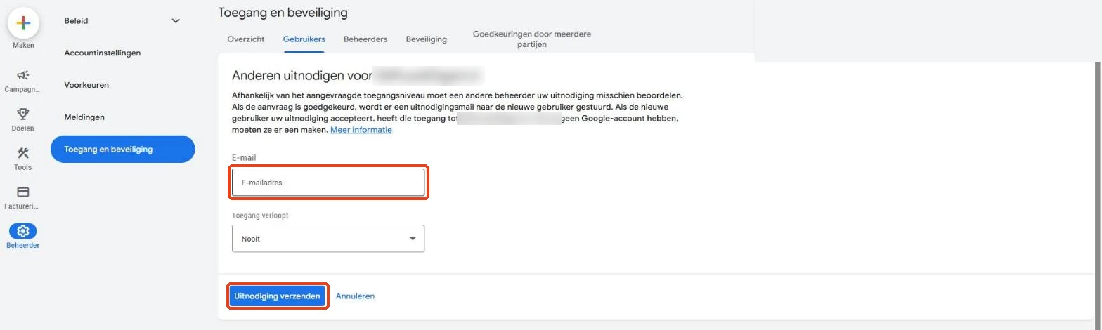 Het formulier Anderen uitnodigen, met het e-mailveld en de knop Uitnodiging verzenden