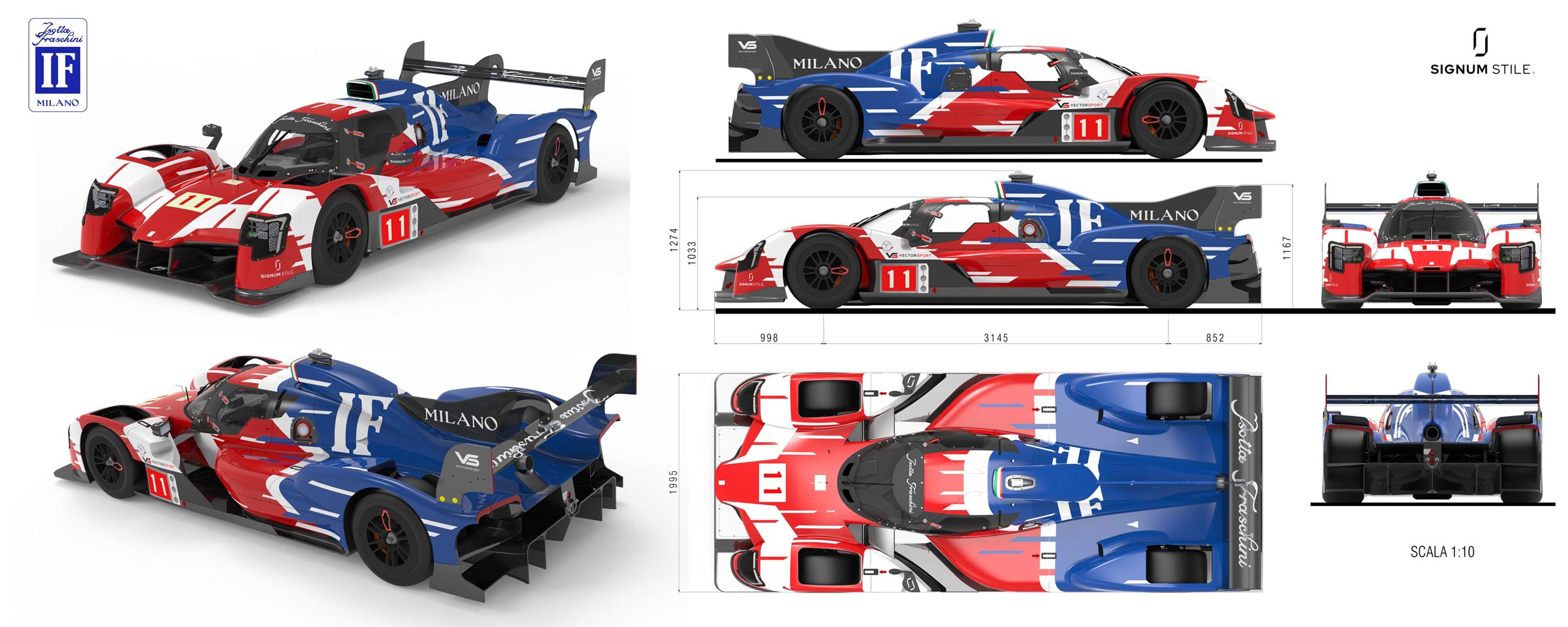 Isotta Fraschini hypercar on track with custom livery design, final design renders and orthographic views