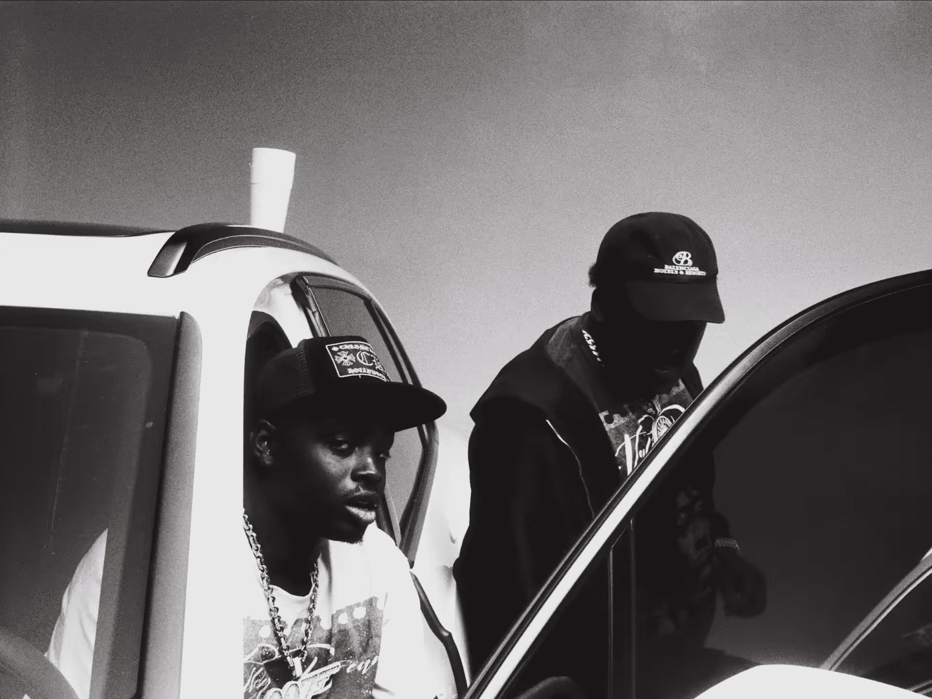 Snow-capped mountain peaks against a pastel sky