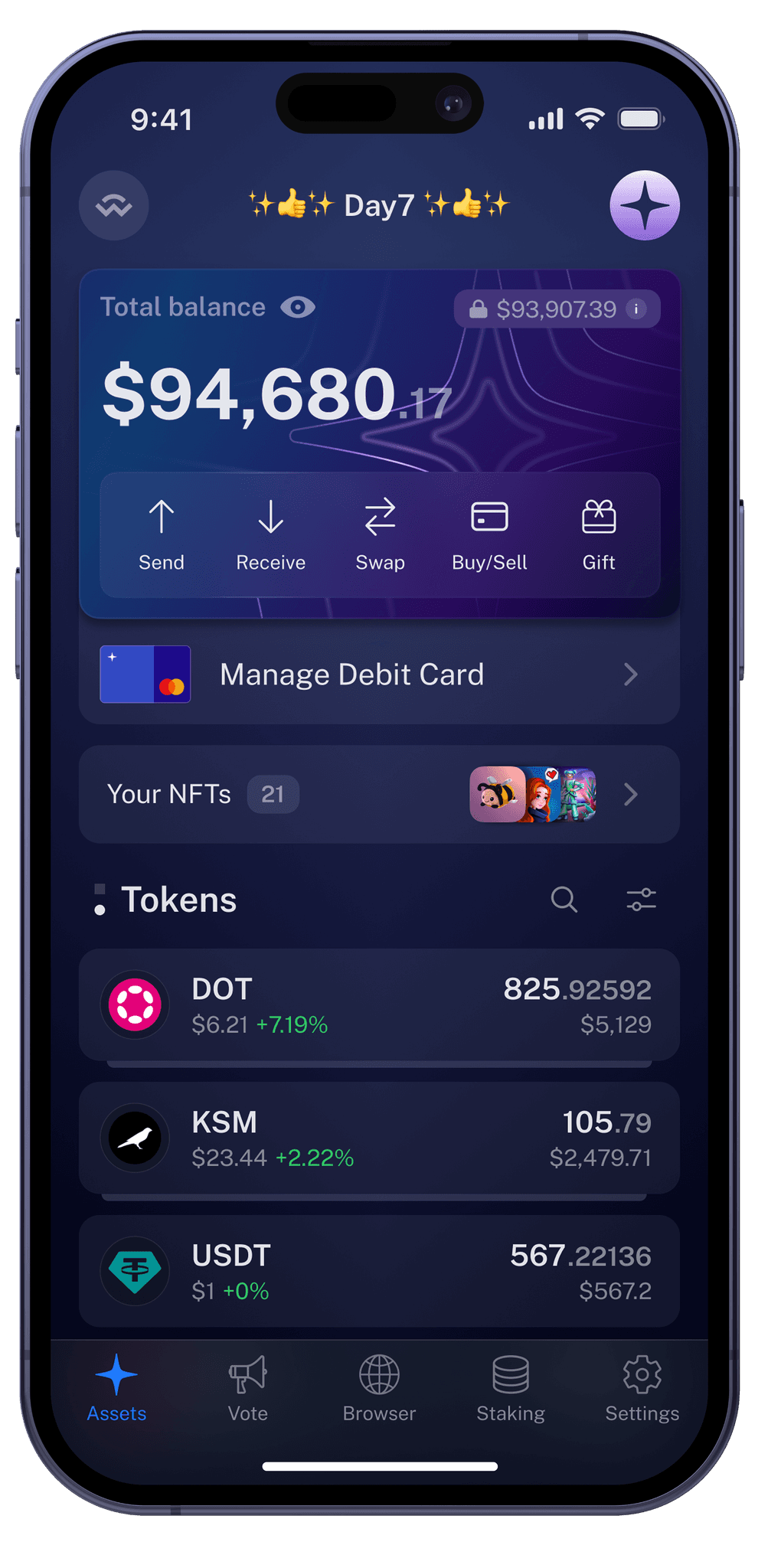 Crypto Assets Main Screen with DOT KSM