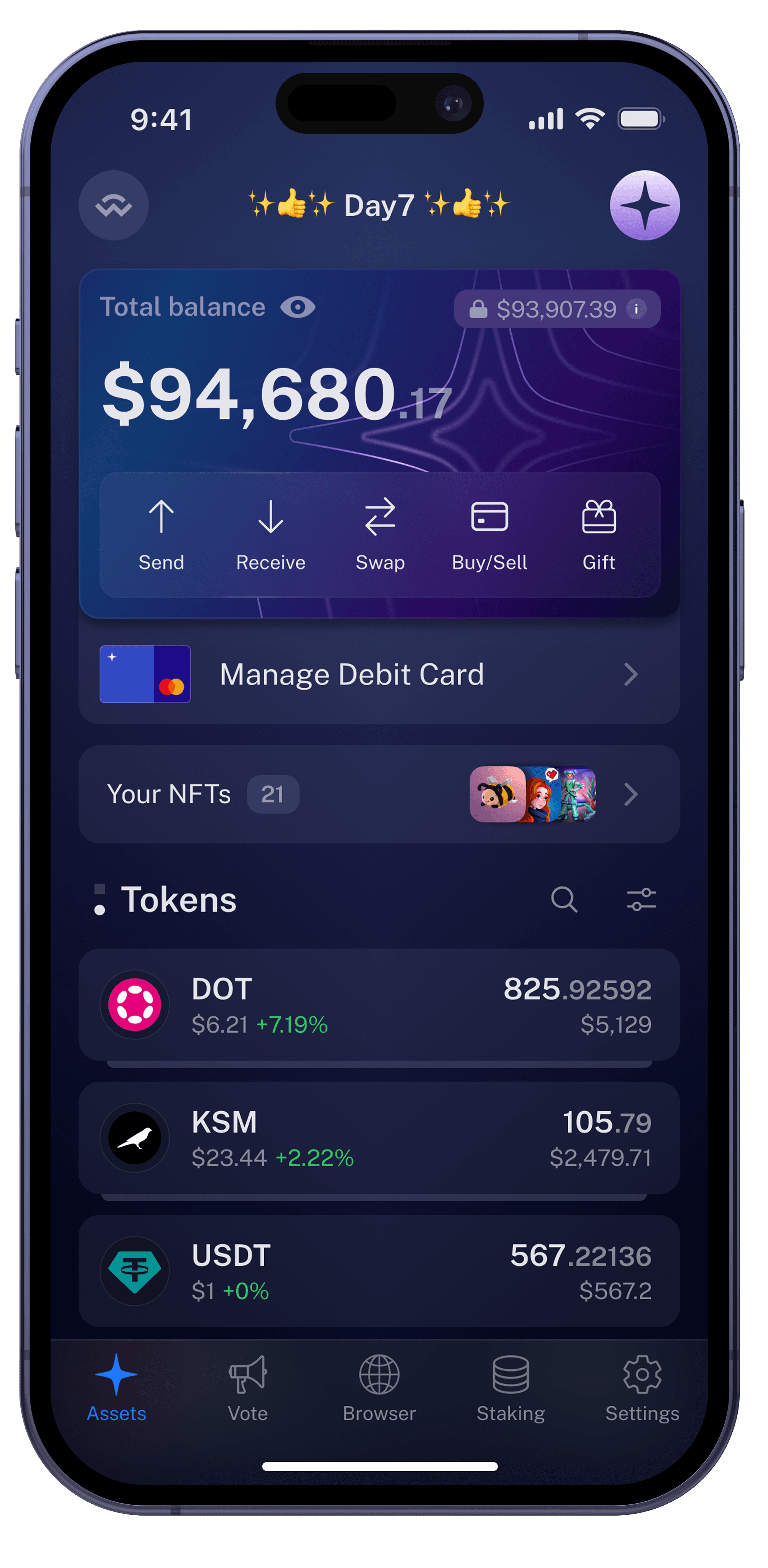 Crypto Assets Main Screen with DOT KSM