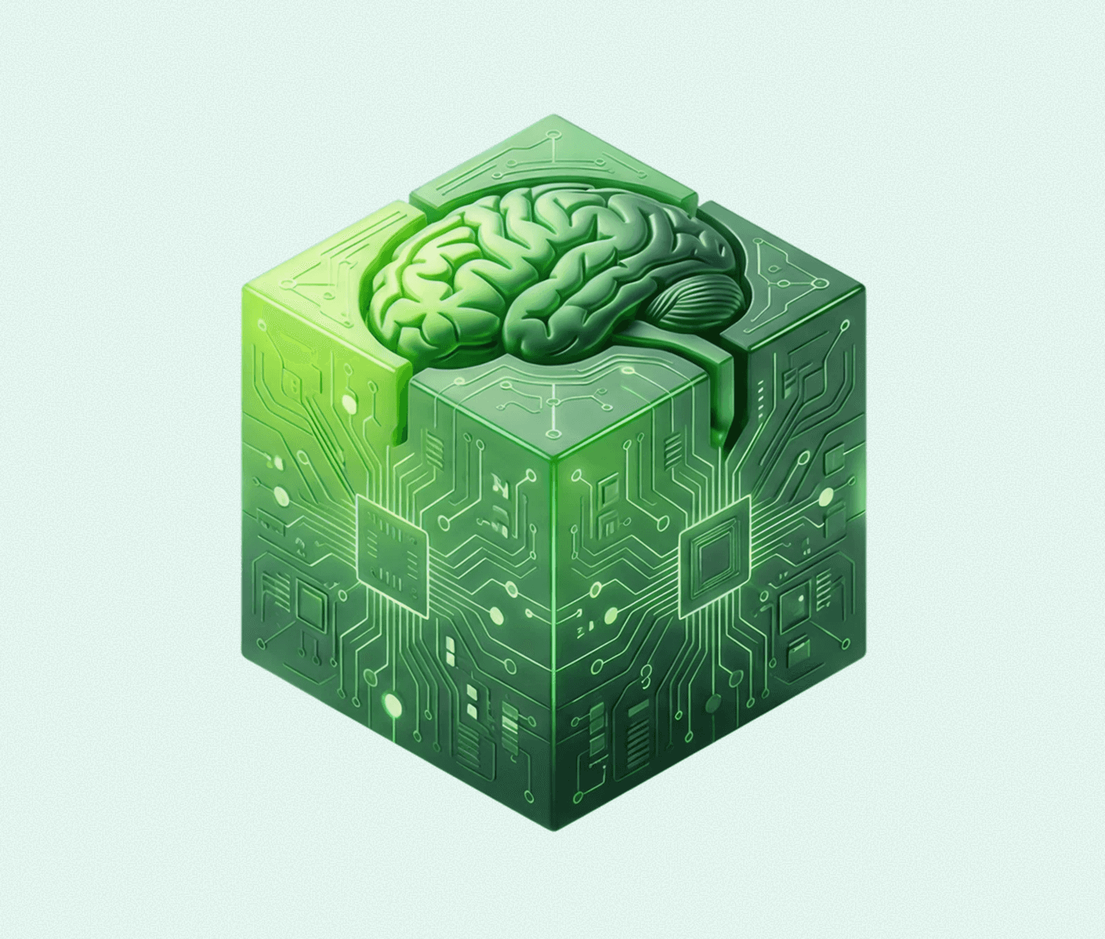 A 3D cube with a green brain on top, circuit board patterns on its sides.