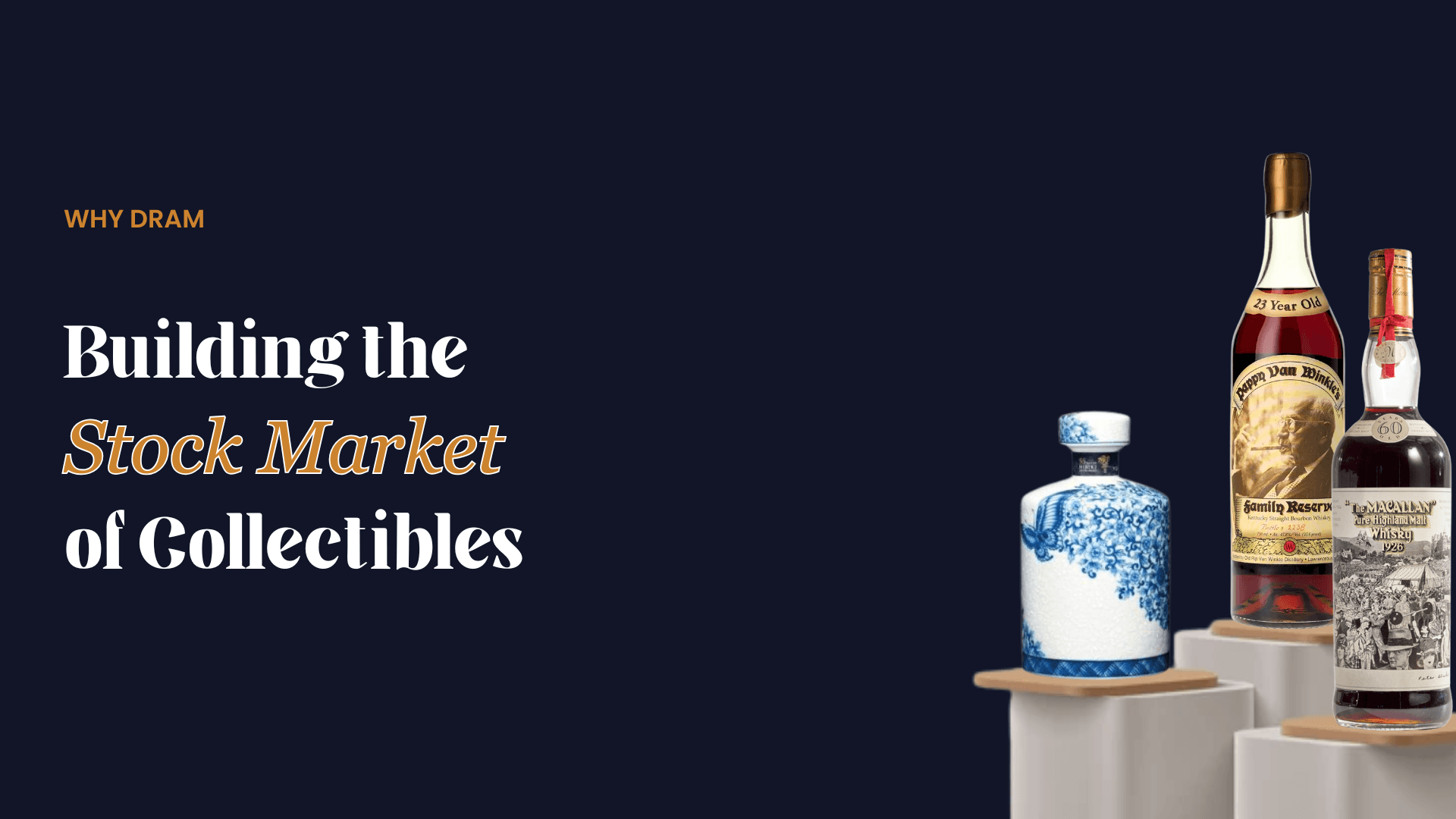Hero image for Dram showing the headline “Building the Stock Market of Collectibles” alongside rare whisky bottles displayed on pedestals against a dark background.