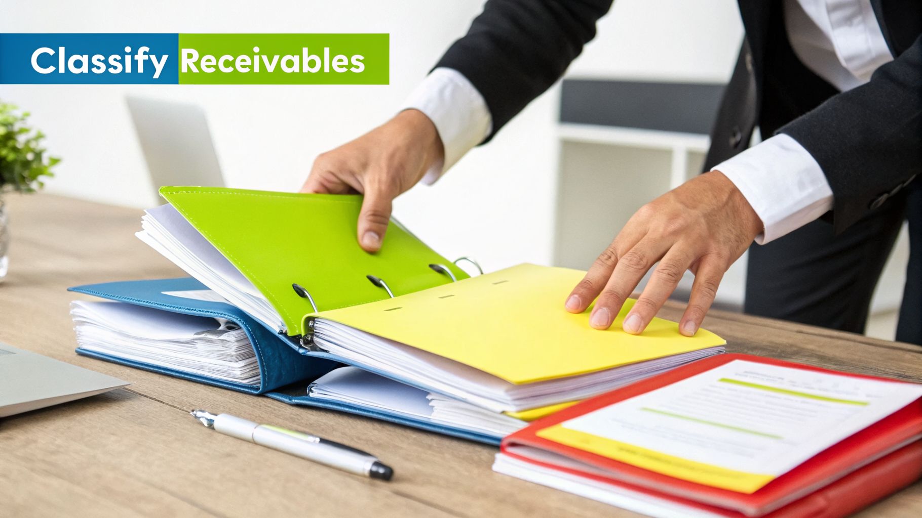 A person in a suit is classifying financial documents in colorful binders on a wooden desk.