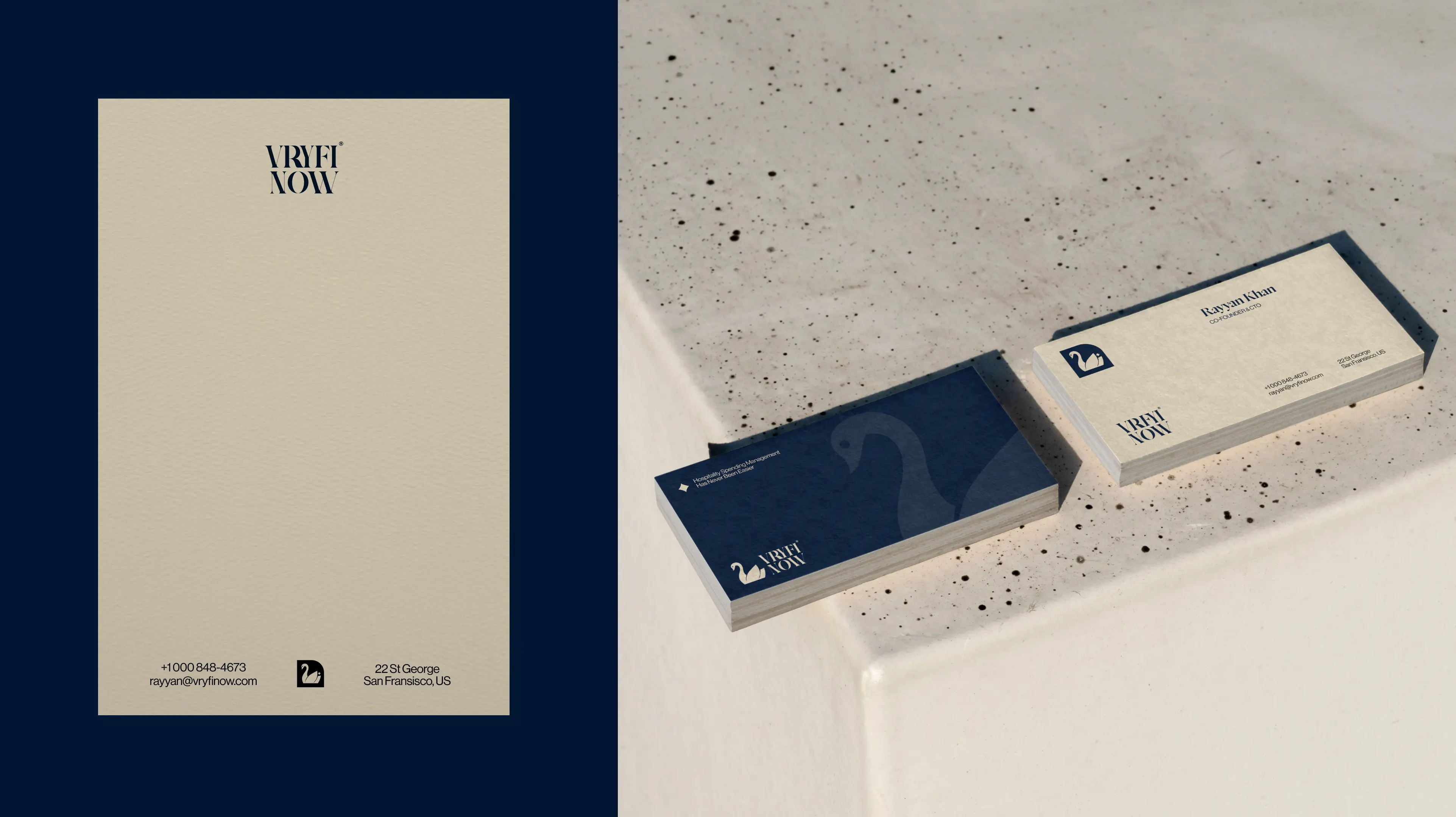 VRYFI NOW branded collateral card with logo and on cream background