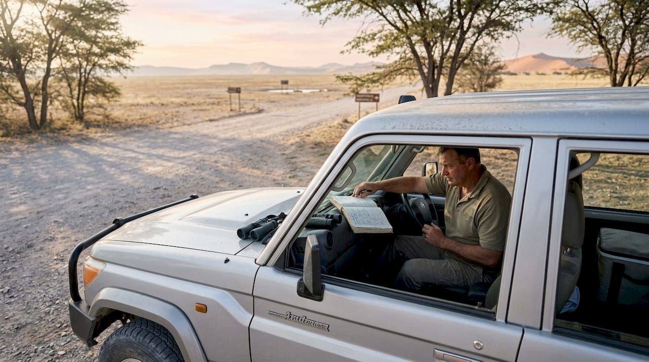 Safari vehicle in Namibian park landscape