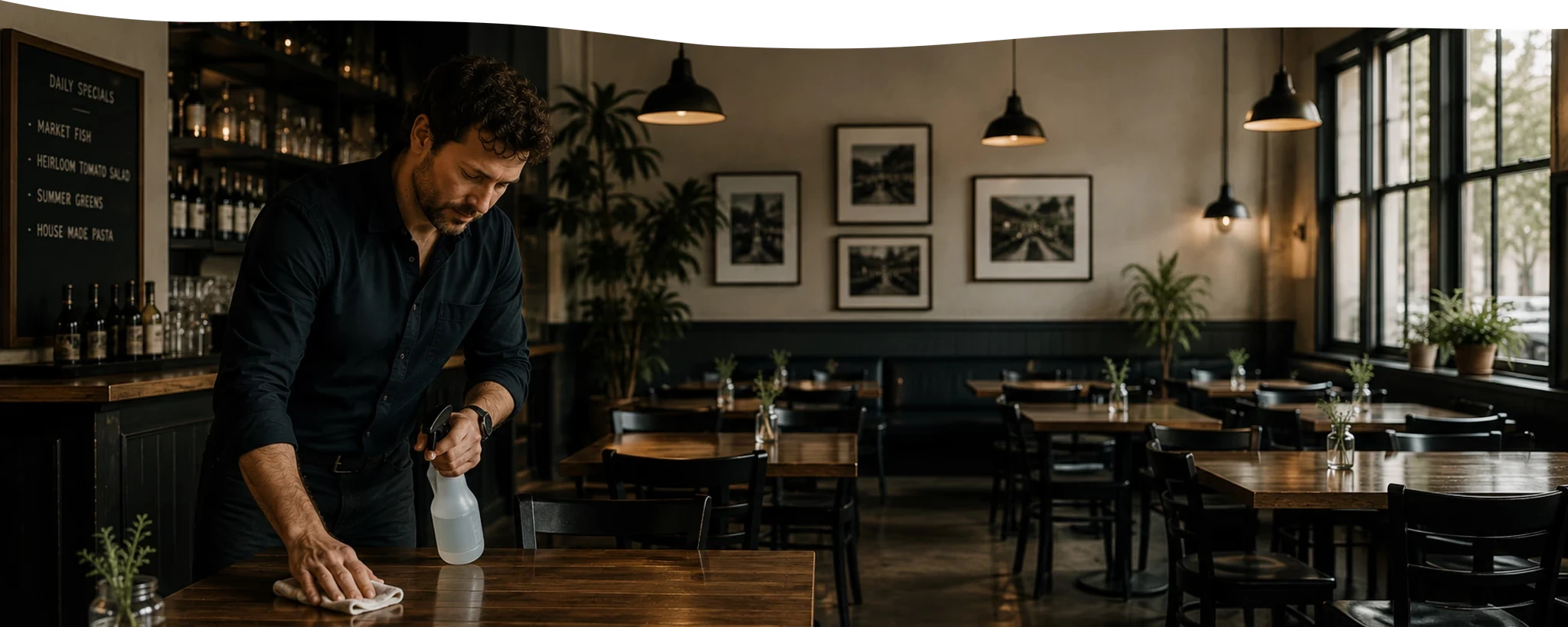 Restaurant manager wiping down table in a restaurant dining room.