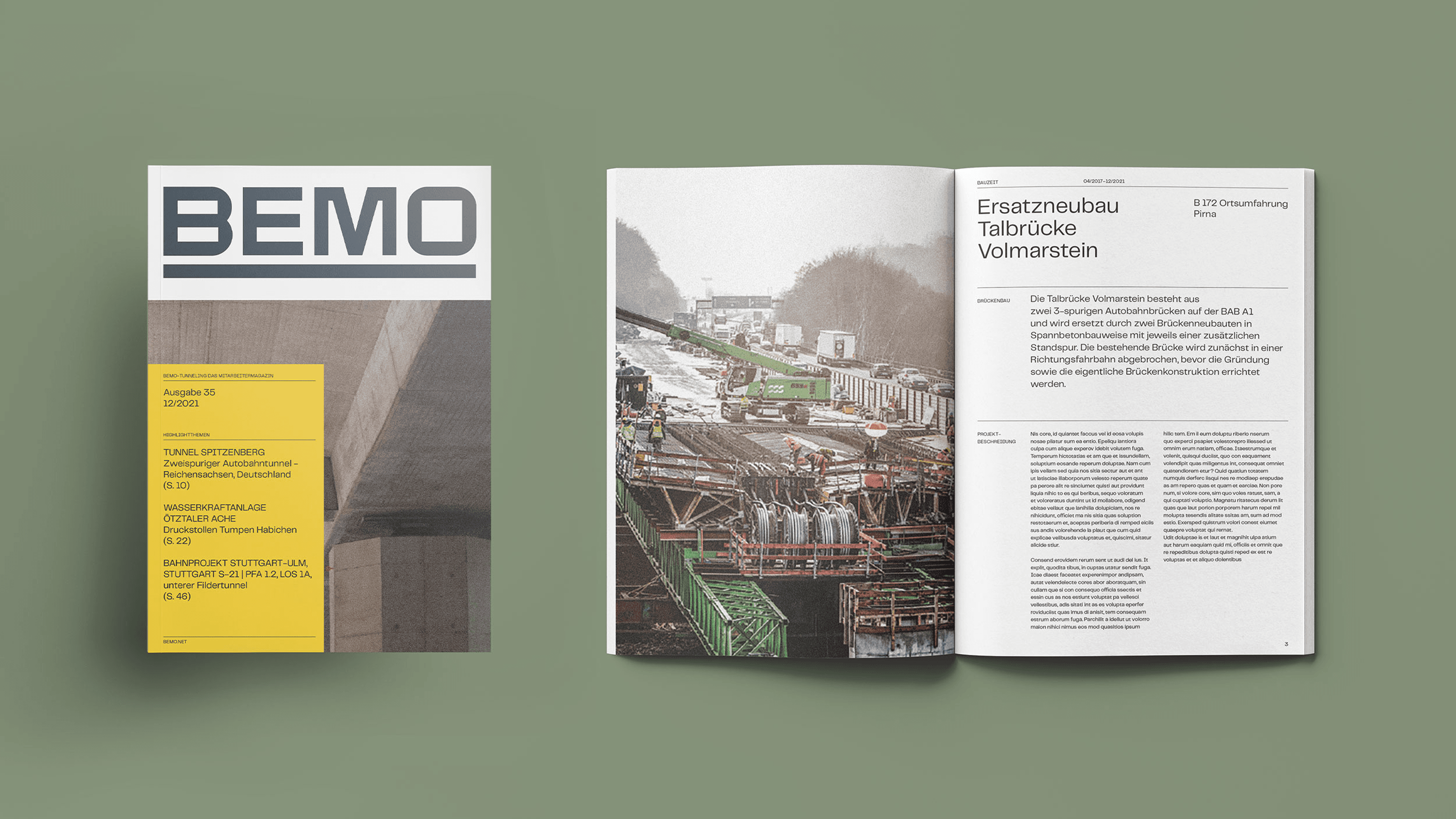 BEMO Mitarbeitermagazin mit Titelseite und aufgeschlagener Doppelseite zum Brückenbau