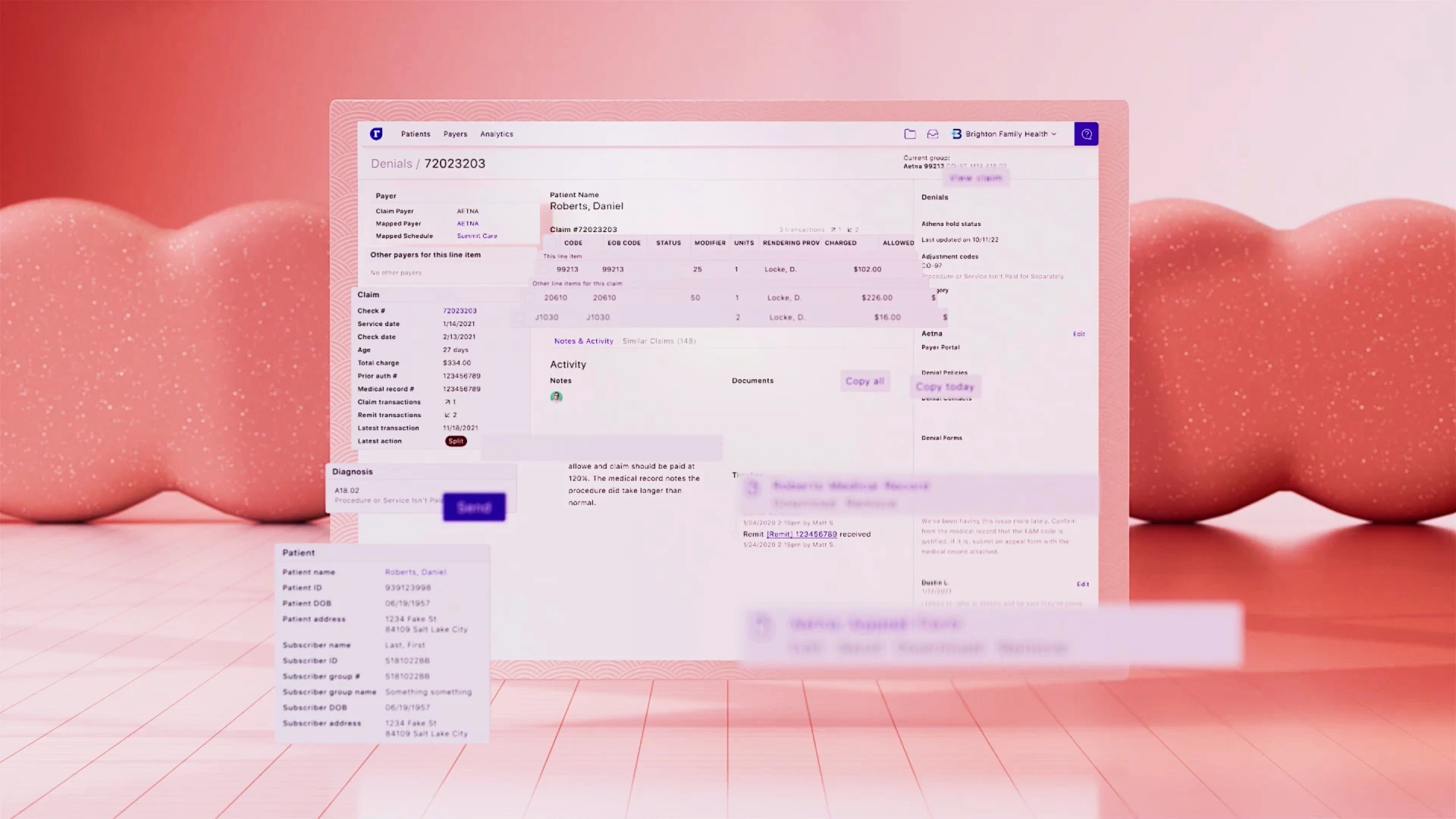 Floating claims interface and data layers from Rivet’s dashboard, used in a motion design explainer to visualize denial workflows.