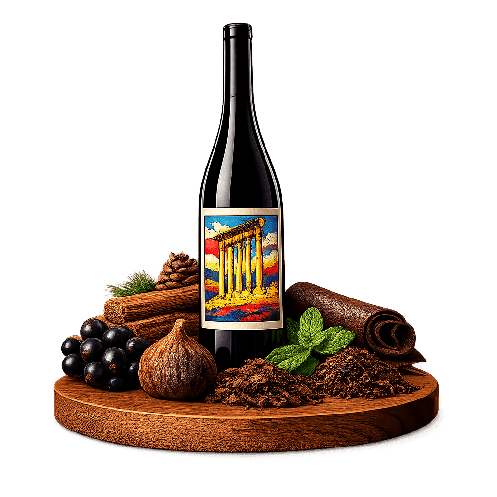 Artistic label and flavor profile for Bekaa Valley Cabernet Sauvignon on a rustic wooden table.