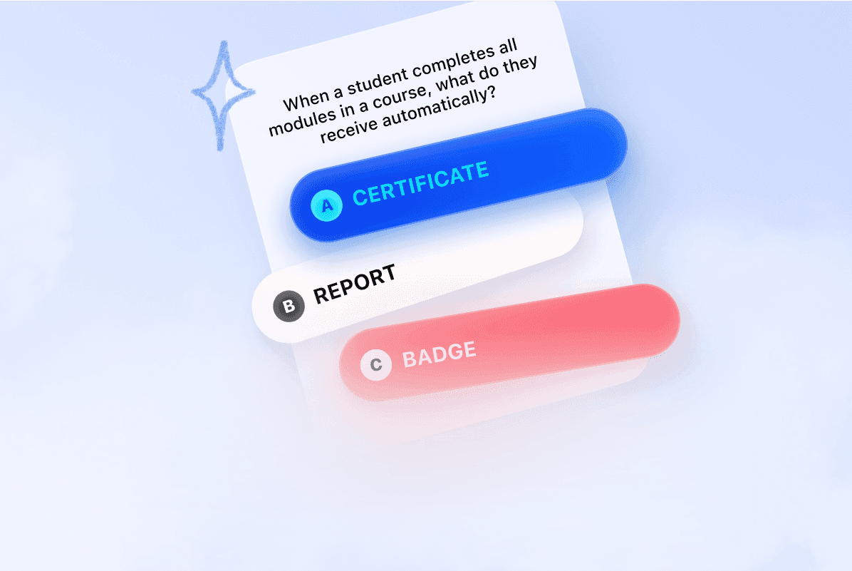 ByteCoach LMS AI-powered MCQs feature showing smart multiple-choice questions that adapt to course content, helping educators create interactive and personalized online assessments.