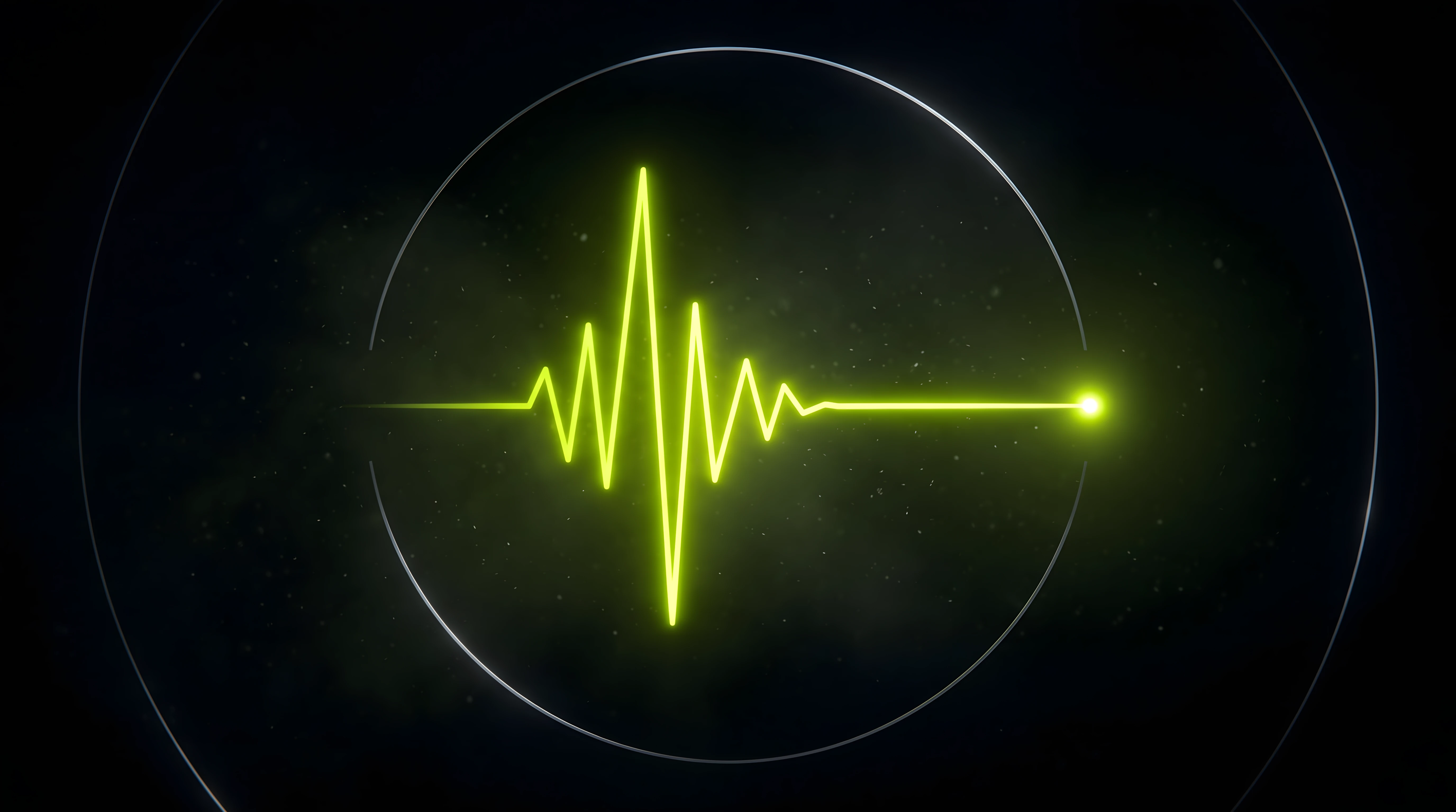 Bioluminescent Noir composition of a single toxic lime sound mark striking and resolving cleanly against deep void black, the mood precise and confident, evoking a sound logo being put to the test.