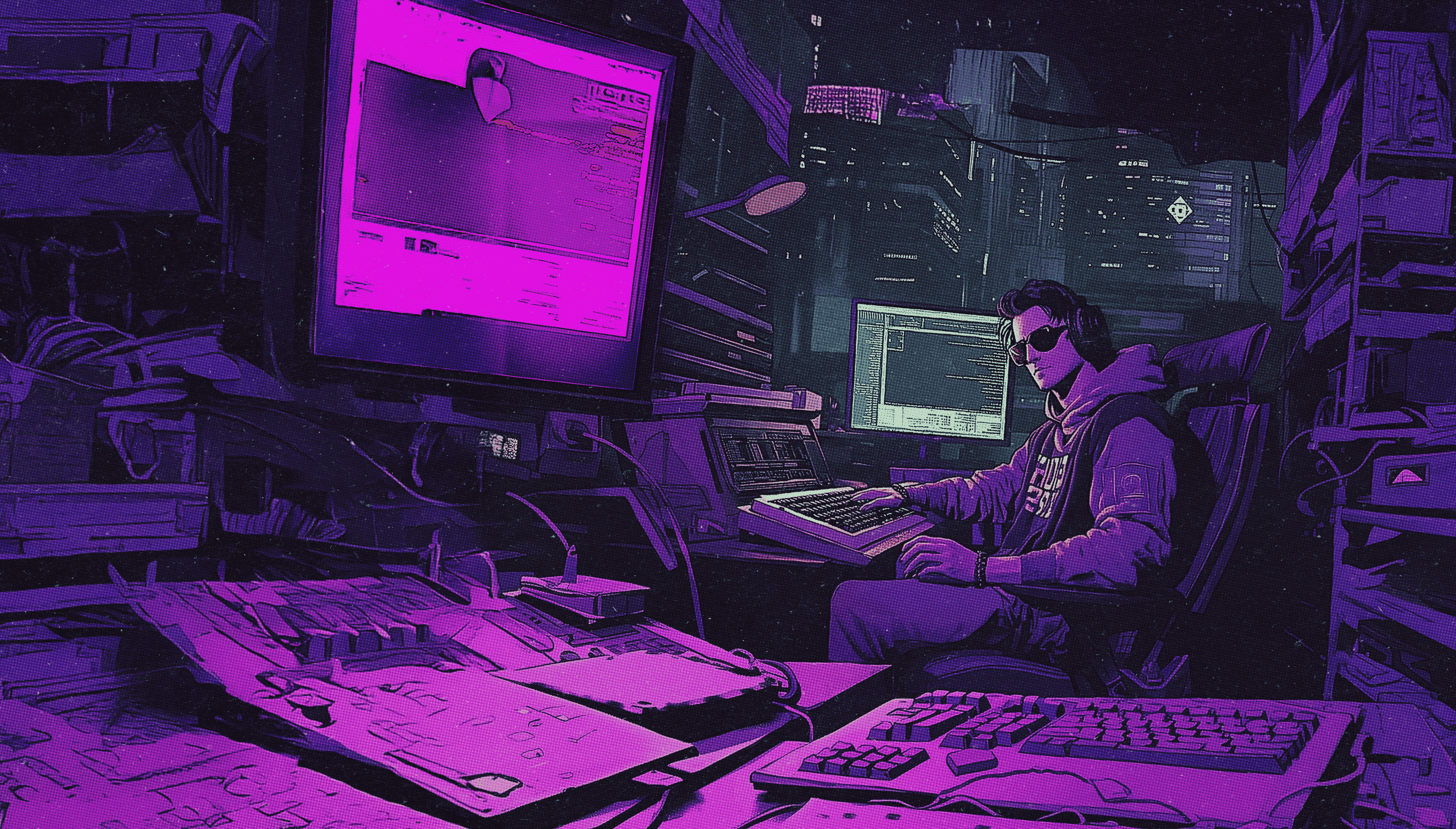 illstration of a hacker in a dark room full of cumputers
