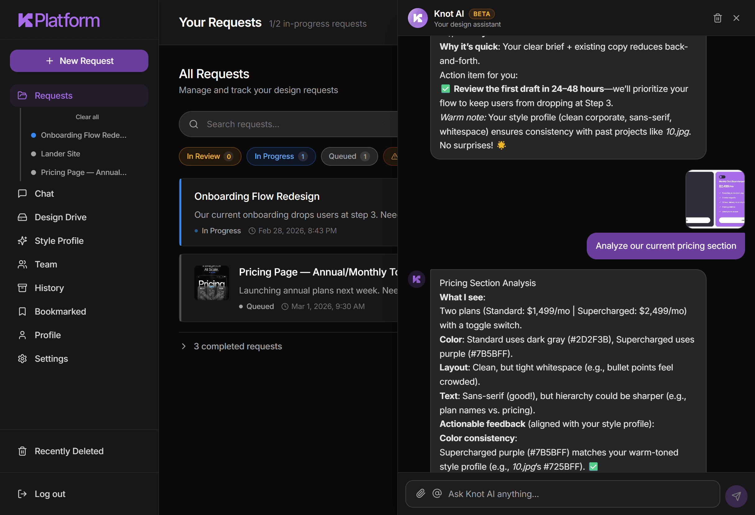 Knot AI chat interface analyzing a pricing section screenshot, providing actionable design feedback on layout, color consistency, and typography hierarchy — AI-powered design tool for startups