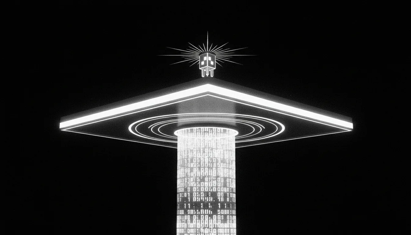 Low-angle 3D render of an abstract data transfer concept, minimalist monochrome aesthetic. A central translucent column rises from the bottom, filled with glowing white rectangular shapes resembling binary code. This column connects to the underside of a large, flat, horizontal platform with a bright, glowing white border. Luminous concentric circles are etched onto the platform's surface. A stylized data connector plugs into the top. The scene is self-illuminated against a pure black background, creating extreme contrast, with a heavy and visible grainy texture over the entire image.